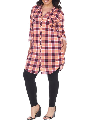 White Mark Womens Plus Piper Plaid Button Front Tunic Top Size 1X Orange
