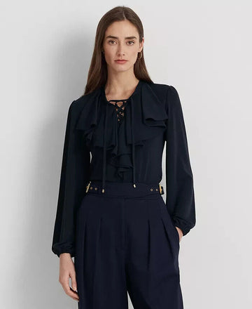 Lauren Ralph Lauren Womens Ruffle-Trim Jersey Lac Lauren Navy Size XL MSRP $125