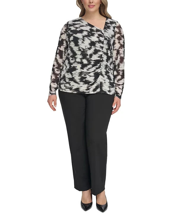 Calvin Klein Plus Size Printed Asymmetric Ruched Top Black Size 1X MSRP $79
