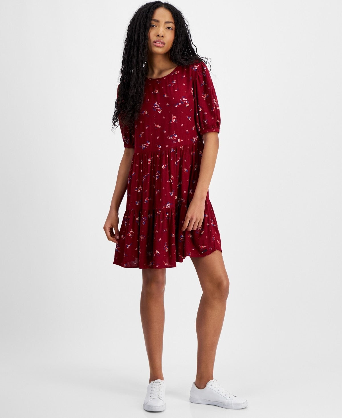 Tommy Jeans Womens Floral-Print Tiered A-Line Dress Red BURGUNDY Size M MSRP $90