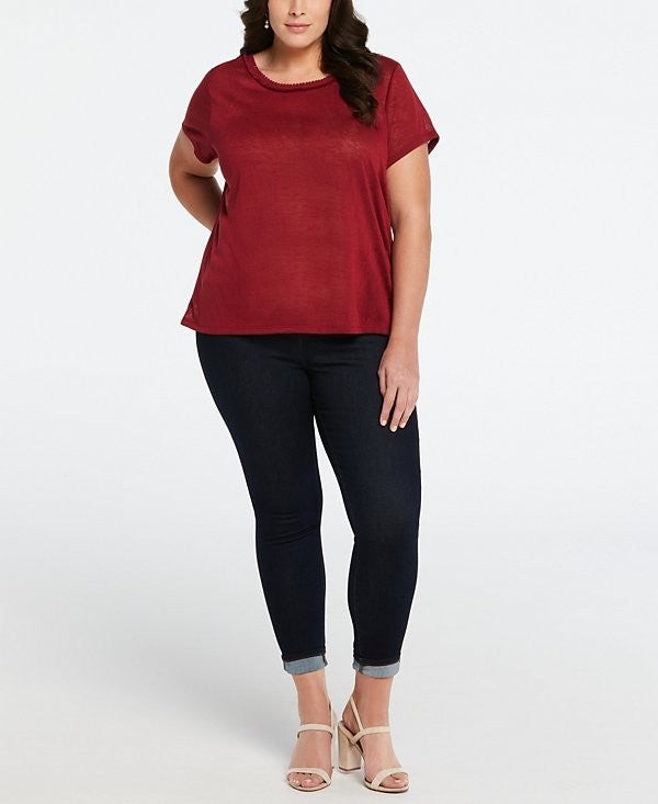 ELLA Rafaella Plus Size 3X Eco Fabric Short Sleeve Top Dark Red MSRP $69