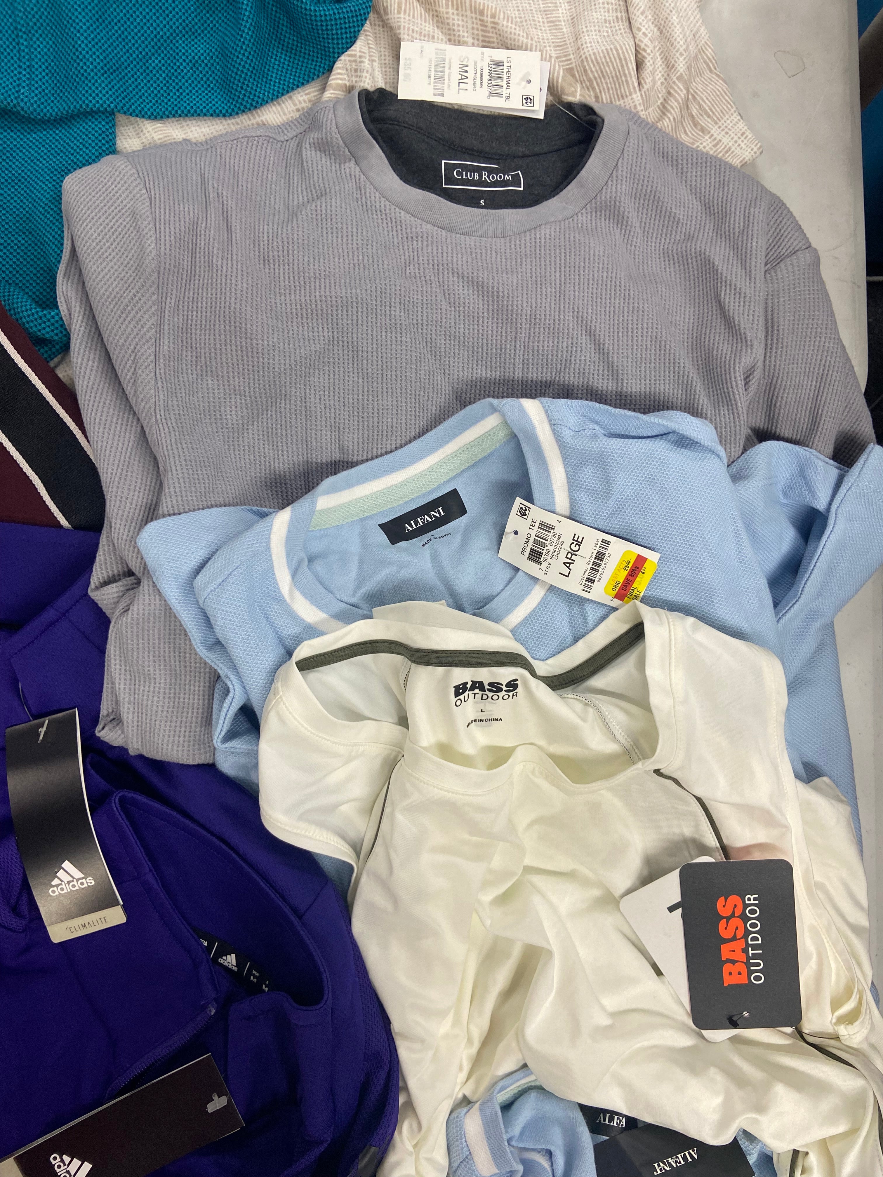 Men's Clothing Tops Wholesale Lot, ADIDAS, COLUMBIA, COTTON ON USA, BASS OUTDOOR, ALFANI and more, 14 items, Shelf Pulls, MSRP $599