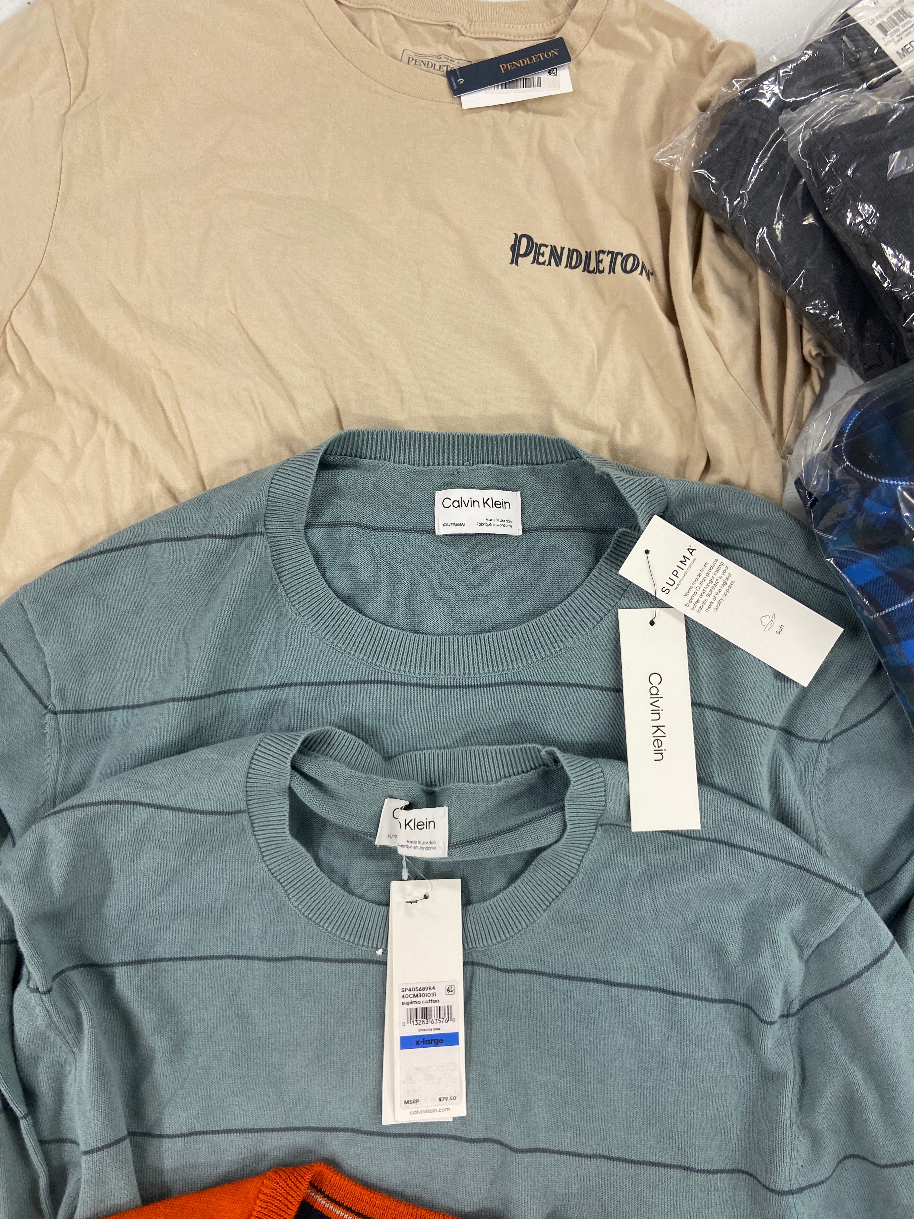 Men's Clothing Sweaters, Button-down Shirts & Others Wholesale Lot, CALVIN KLEIN, PENDLETON, CALABRUM, CLUB ROOM, and more, 15 items, Shelf Pulls, MSRP $859