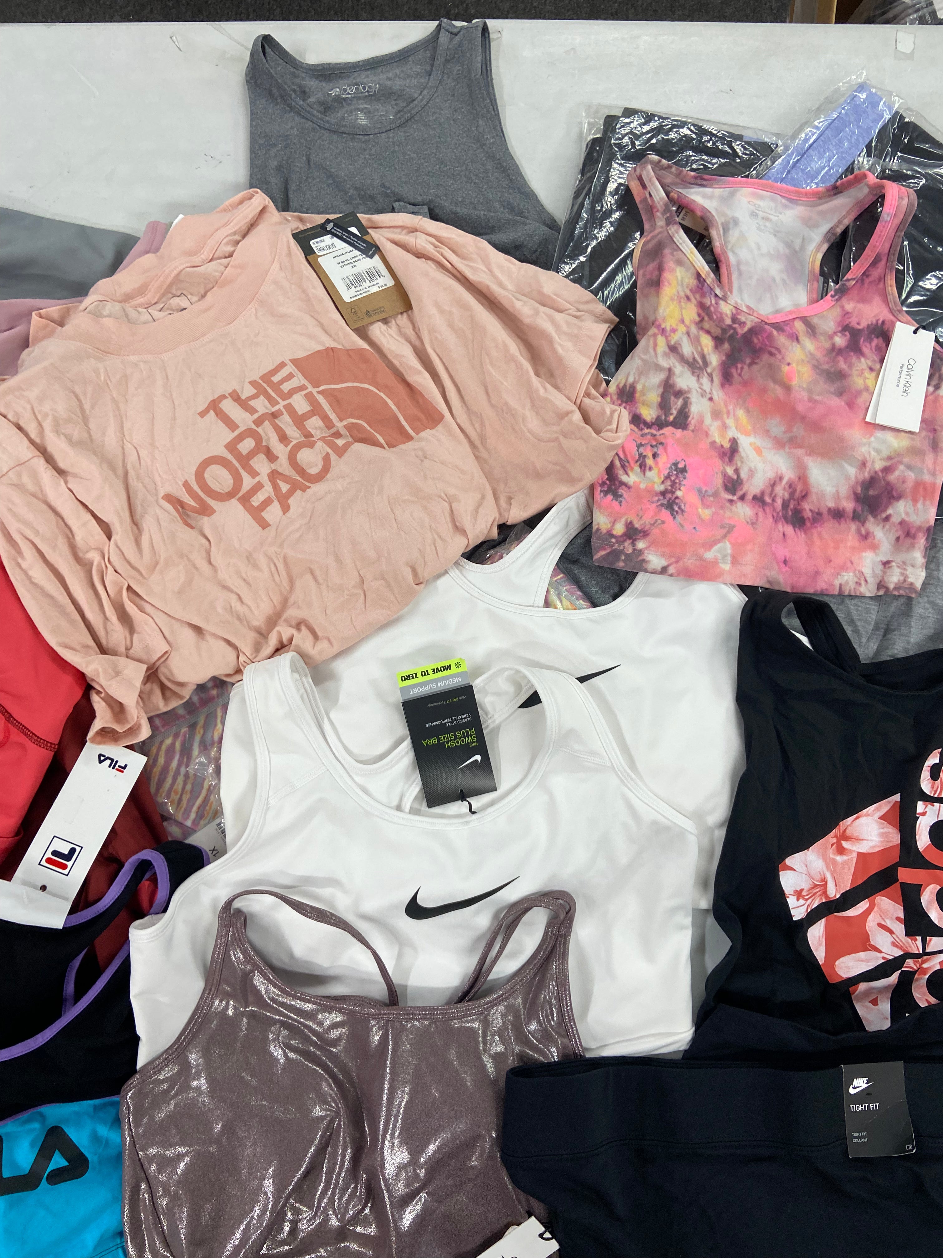 Women's Clothing Activewear Wholesale Lot, NIKE, THE NORTH FACE, ADIDAS, CALVIN KLEIN, FILA and more, 24 items, Shelf Pulls, MSRP $761