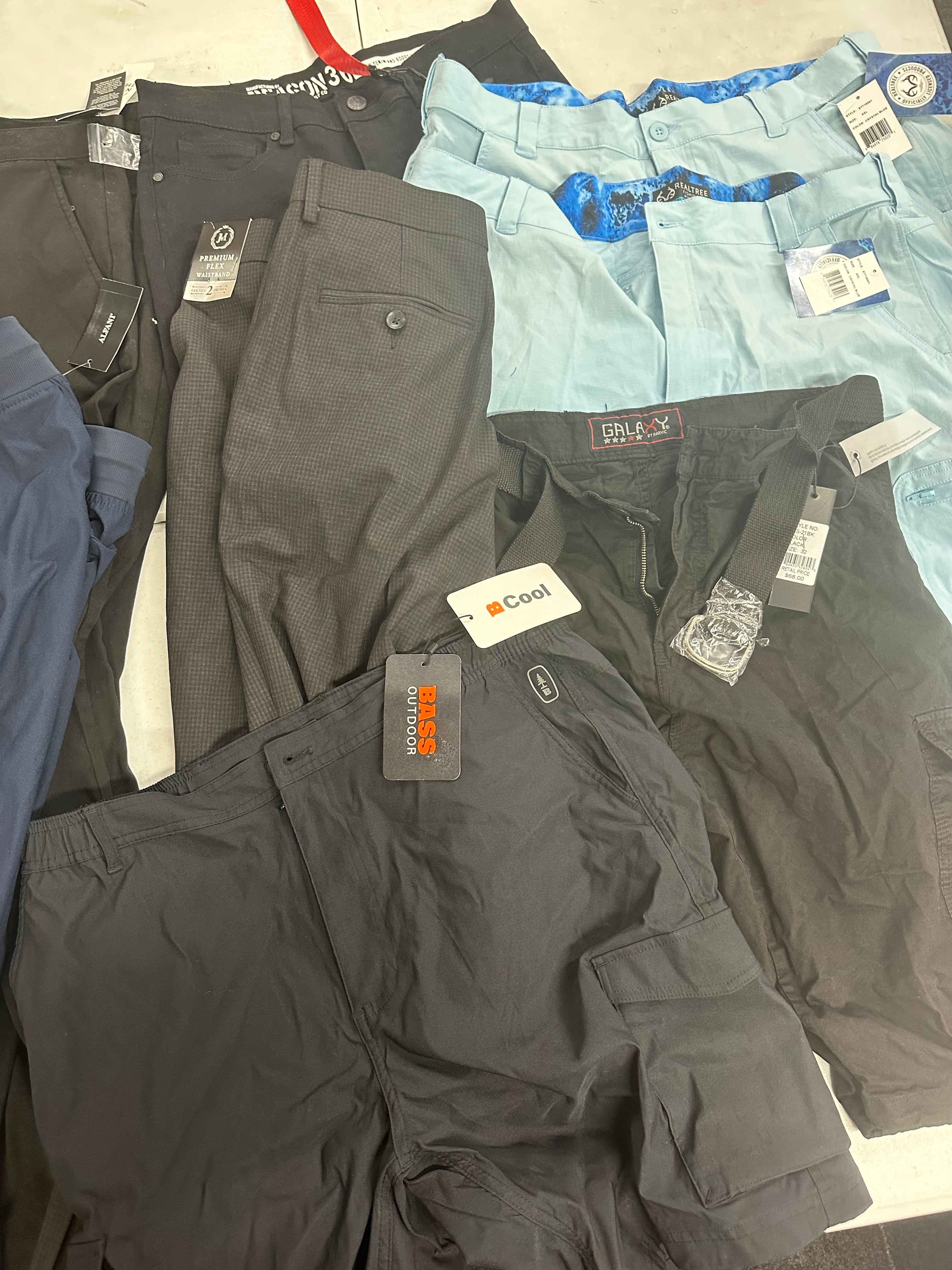 Men's Clothing Bottoms Wholesale Lot, J.M. HAGGAR, BASS OUTDOOR, AND NOW THIS, REALTREE FISHING and more, 8 items, Shelf Pulls, MSRP $460