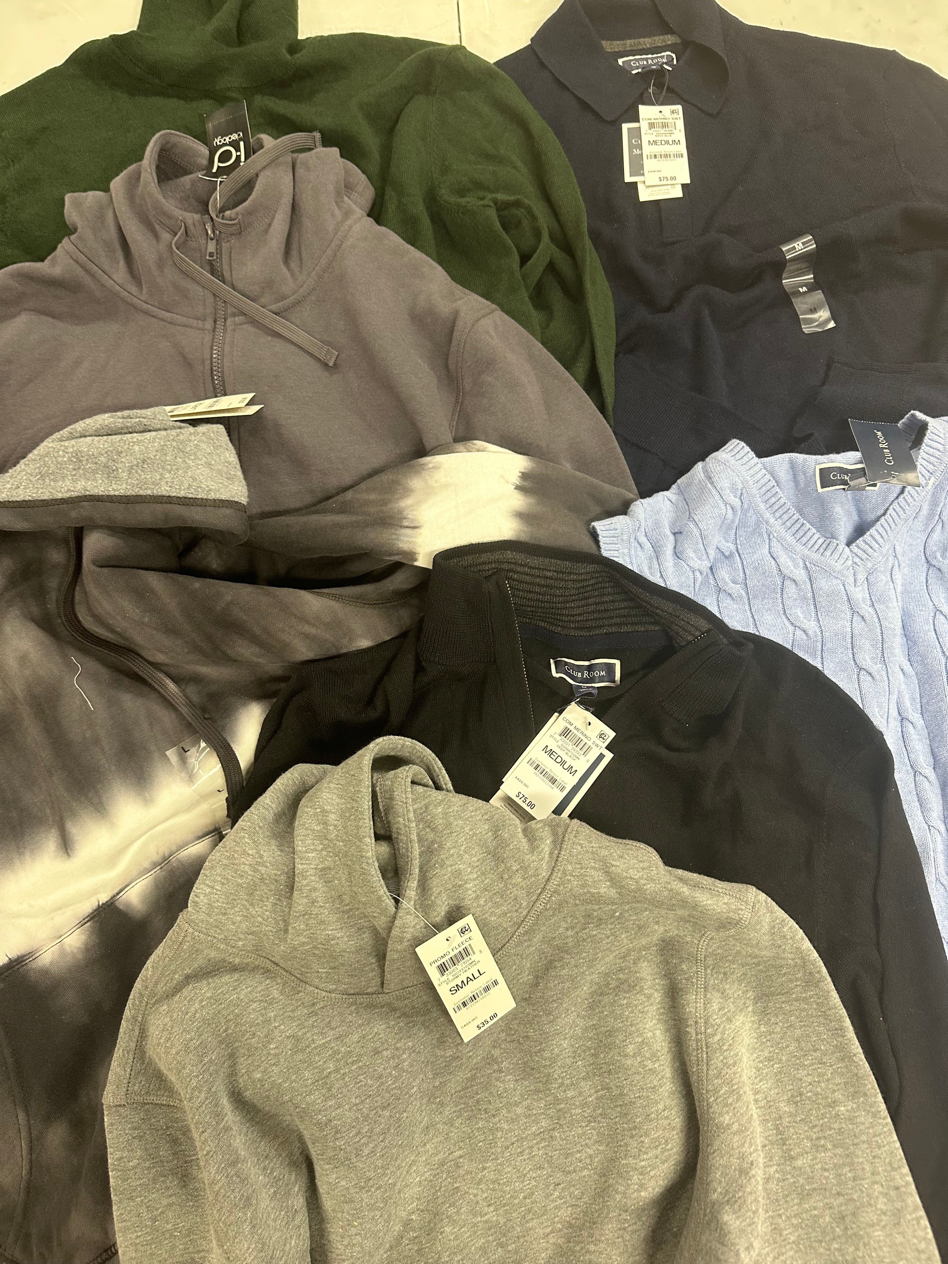 Men's Clothing Sweaters, Hoodies & Others, CLUB ROOM, SUN + STONE, IDEOLOGY, Wholesale Lot, 7 items, Shelf Pulls, MSRP $405