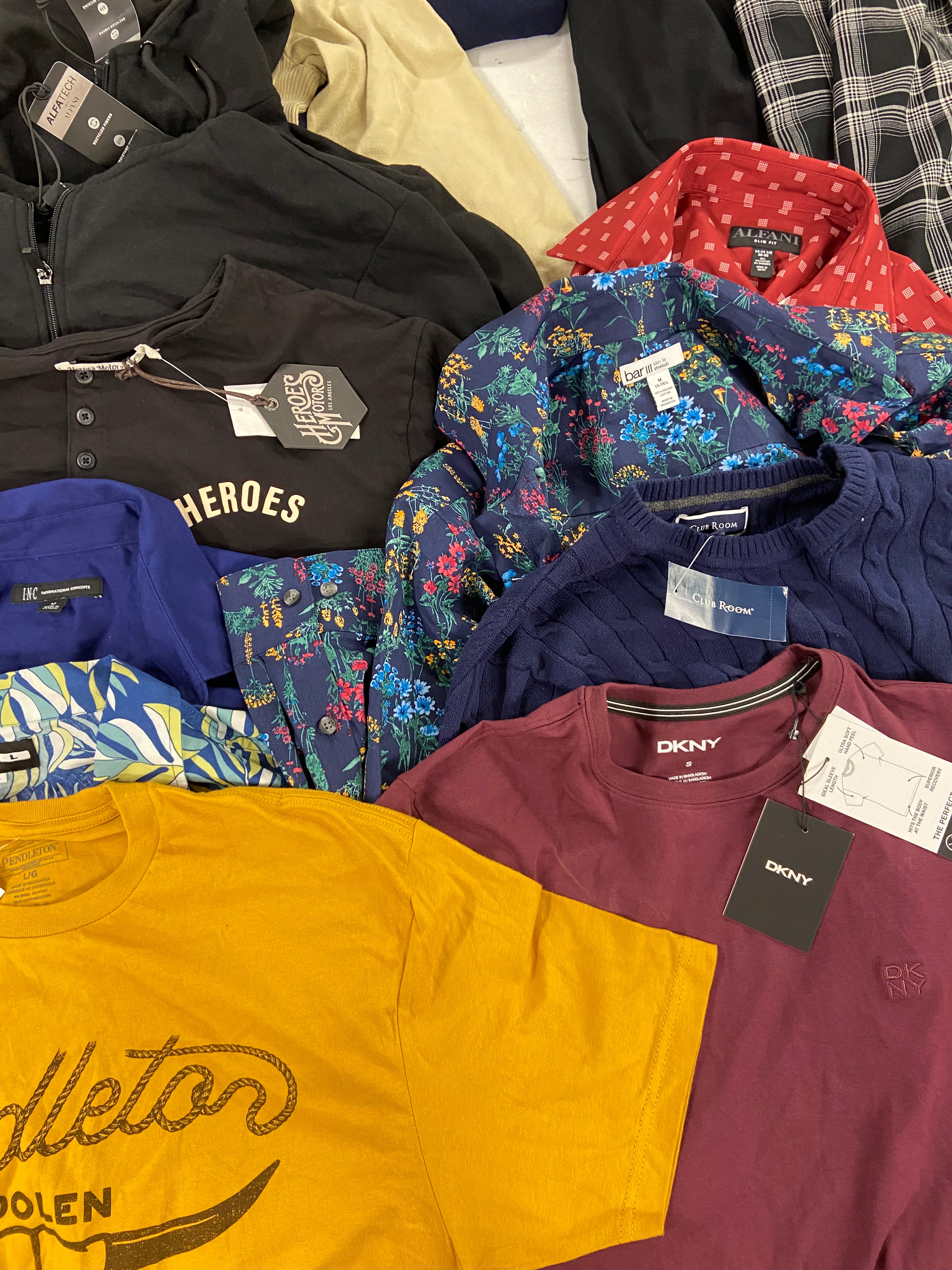 Men's Clothing Tops & Others Wholesale Lot, DKNY, REEF, PENDLETON, CLUB ROOM, HEROES, GALAXY and more, 14 items, Shelf Pulls, MSRP $686