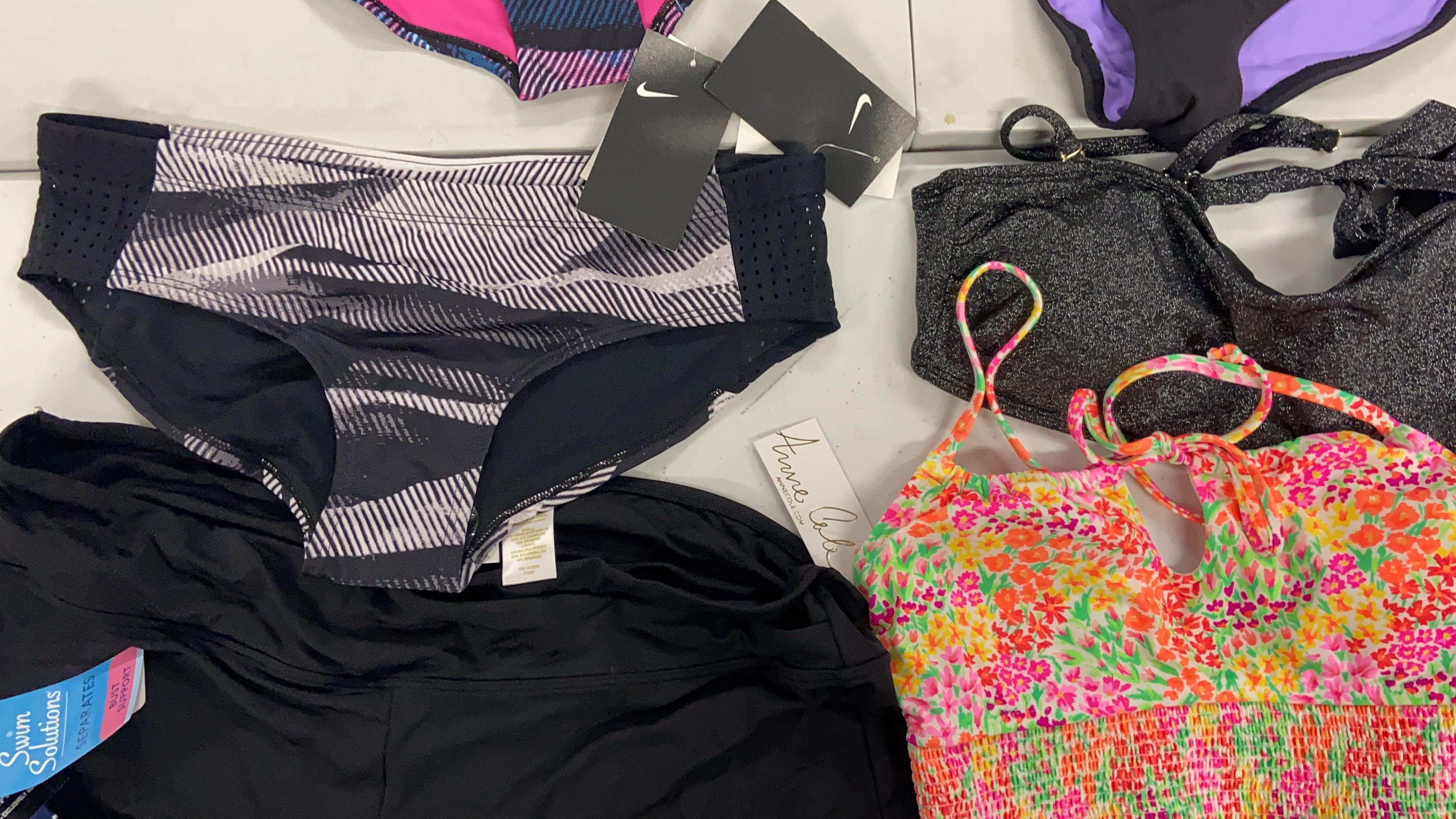 Women's Swimwear Wholesale Lot, NIKE, SWIM SOLUTIONS, SALT + COVE, ANNE COLE and more, 10 items, Shelf Pulls, MSRP $492