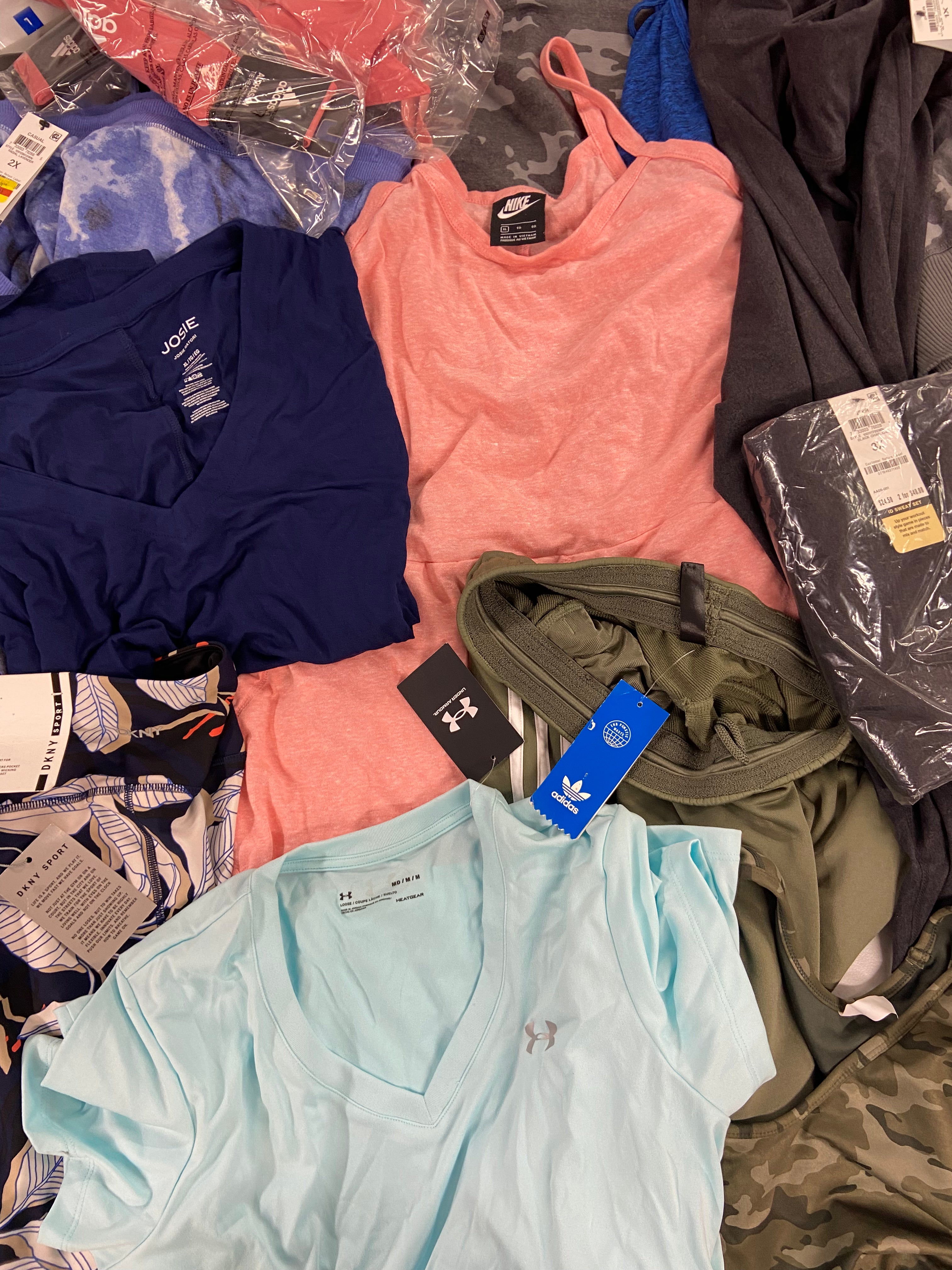 Women's Clothing Activewear Wholesale Lot, ADIDAS, DKNY, JOSIE, NIKE, SPYDER, UNDER ARMOUR and more, 22 items, Shelf Pulls, MSRP $740