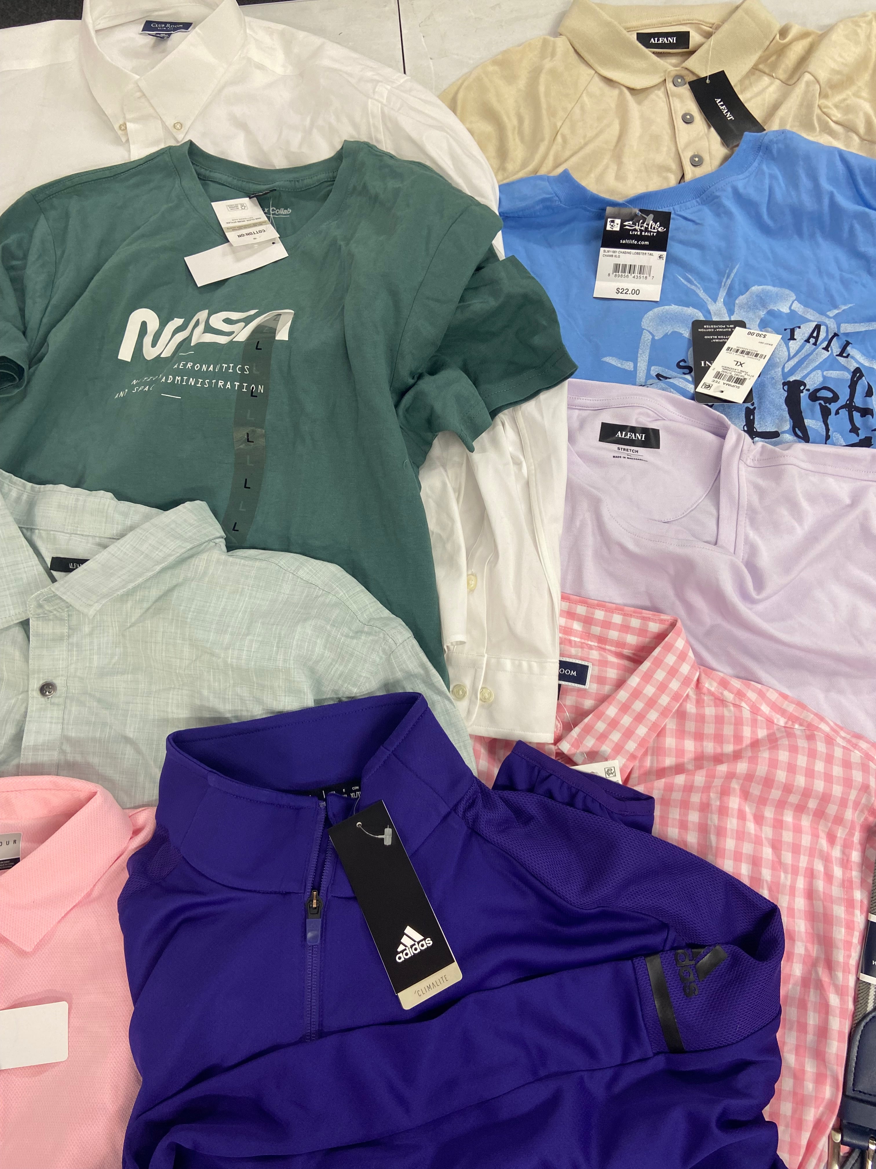 Men's Clothing Tops Wholesale Lot, ADIDAS, PGA TOUR, SALT LIFE, CLUB ROOM and more, 12 items, Shelf Pulls, MSRP $575