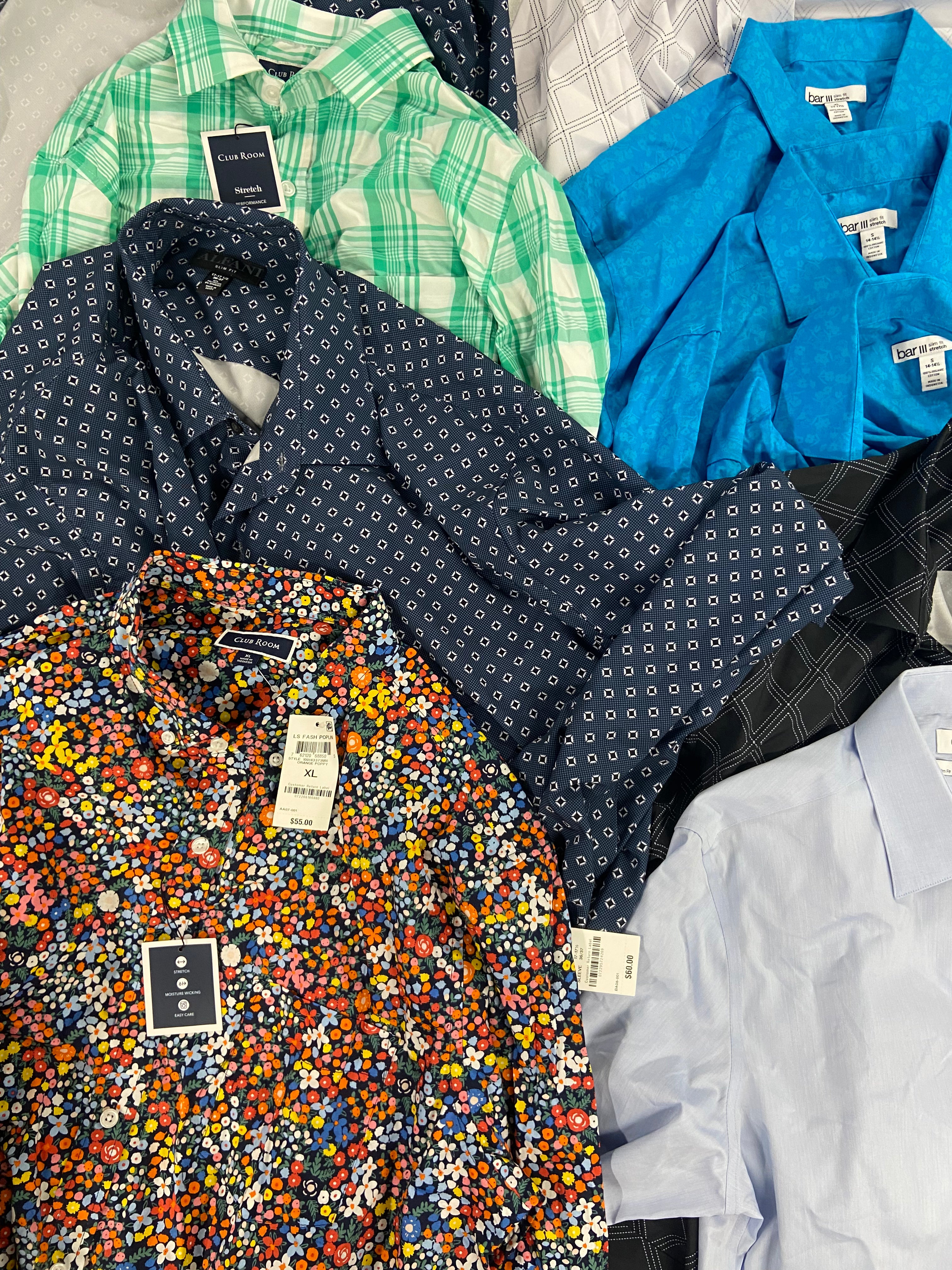 Men's Clothing Dress Shirt Wholesale Lot, CALVIN KLEIN, ALFANI, BAR III, CLUB ROOM 10 items, Shelf Pulls, MSRP $635