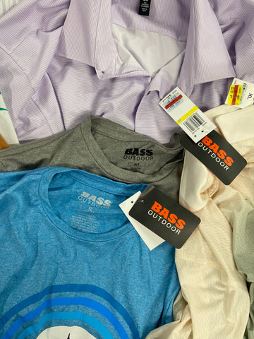 Men's Clothing T-shirts and others Wholesale Lot, PGA TOUR, BASS HYBRID, CHAMPION, CLUB ROOM, AND NOW THIS and more, 14 items, Shelf Pulls, MSRP $642