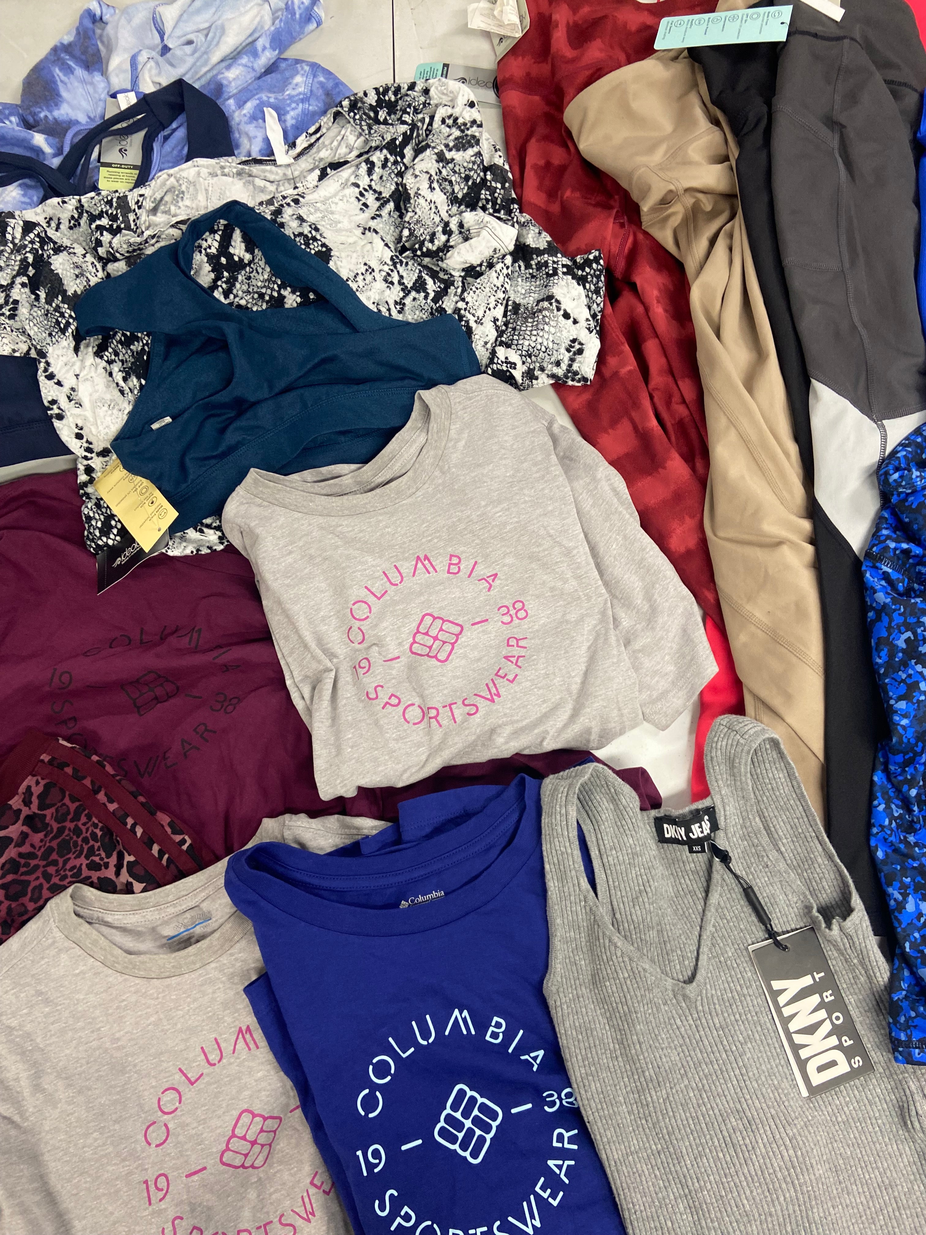 Women's Clothing Activewear Wholesale Lot, COLUMBIA, DKNY, ADIDAS and more, 17 items, Shelf Pulls, MSRP $609