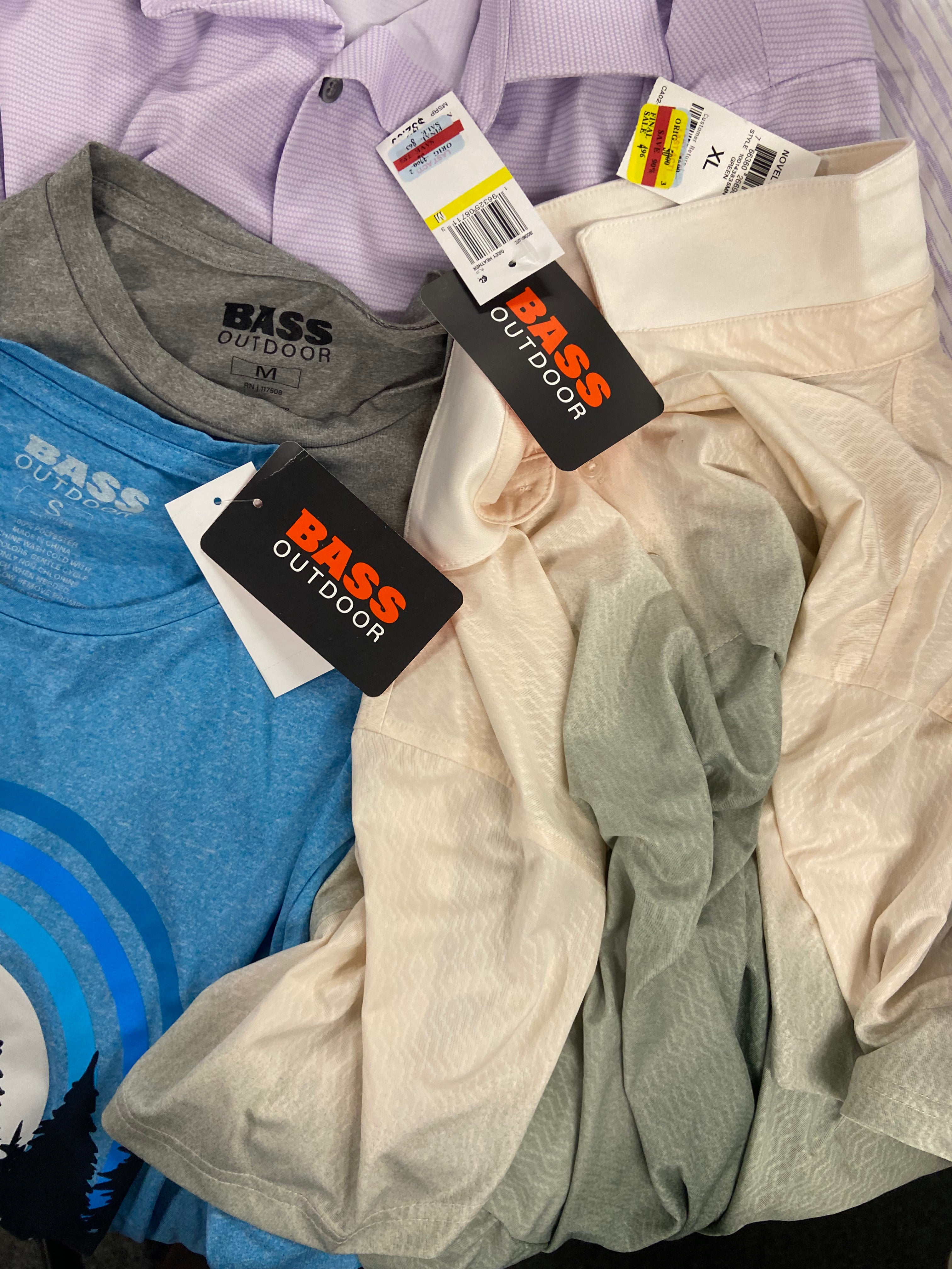 Men's Clothing T-shirts and others Wholesale Lot, PGA TOUR, BASS HYBRID, CHAMPION, CLUB ROOM, AND NOW THIS and more, 14 items, Shelf Pulls, MSRP $642