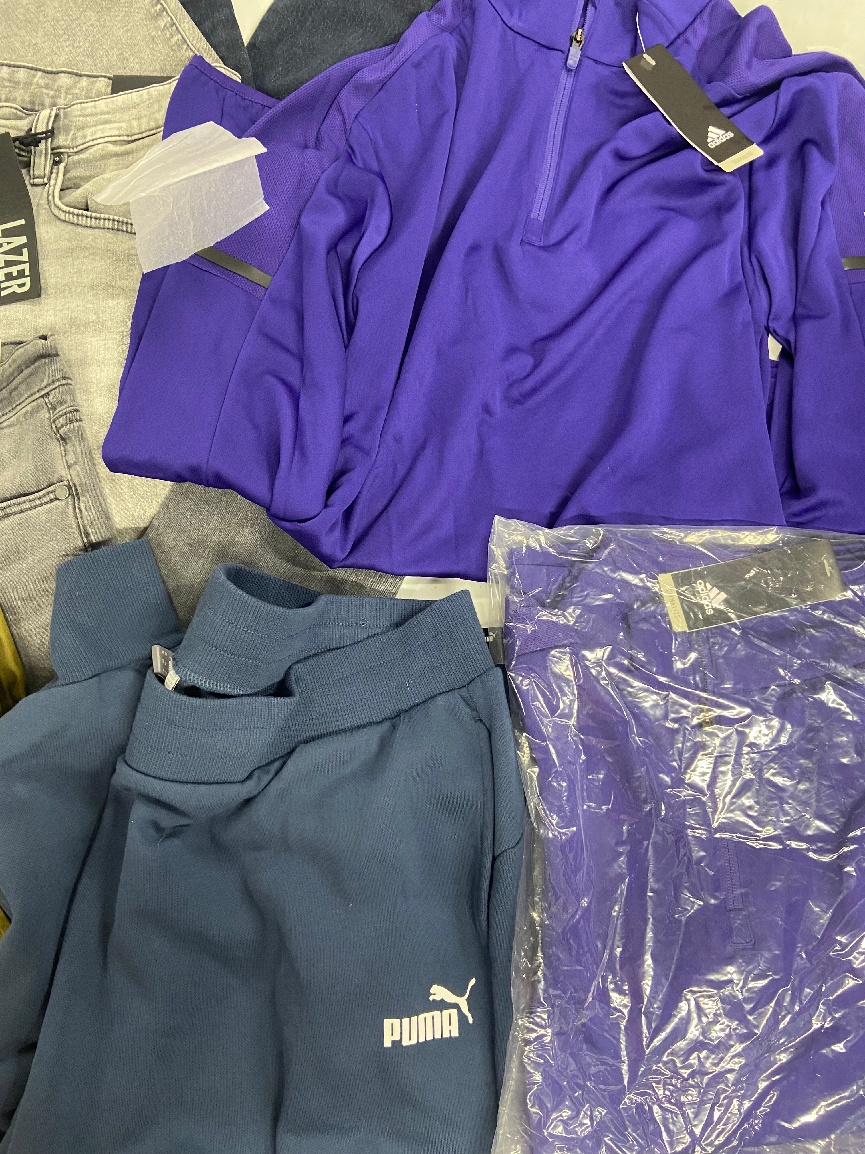 Men's Clothing Bottoms & Tops Wholesale Lot, PUMA, ADIDAS, INC and more, 8 items, Shelf Pulls, MSRP $484