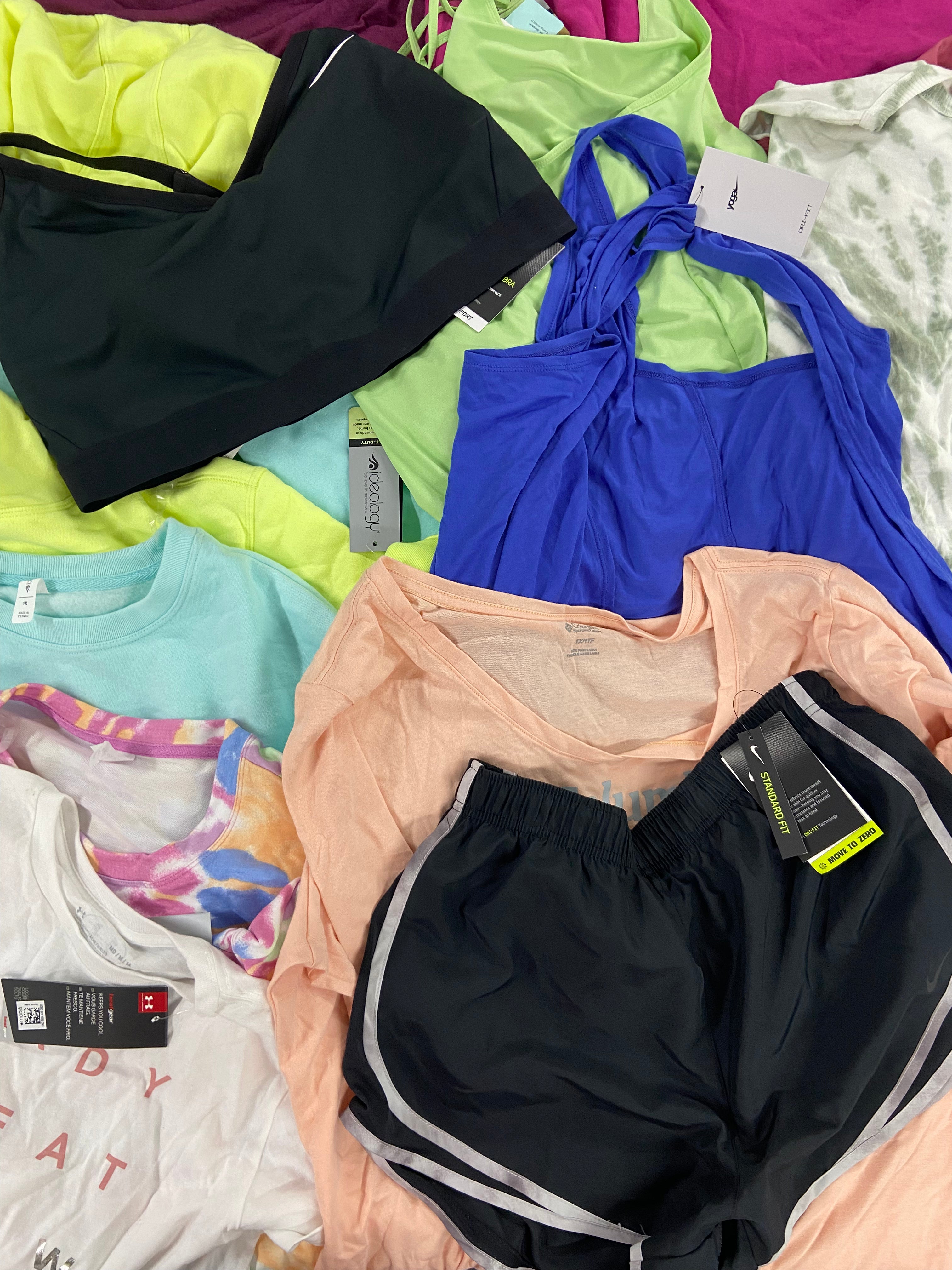 Women's Clothing Activewear Wholesale Lot, COLUMBIA, NIKE, SKECHERS, UNDER ARMOUR, DKNY and more, 17 items, Shelf Pulls, MSRP $545