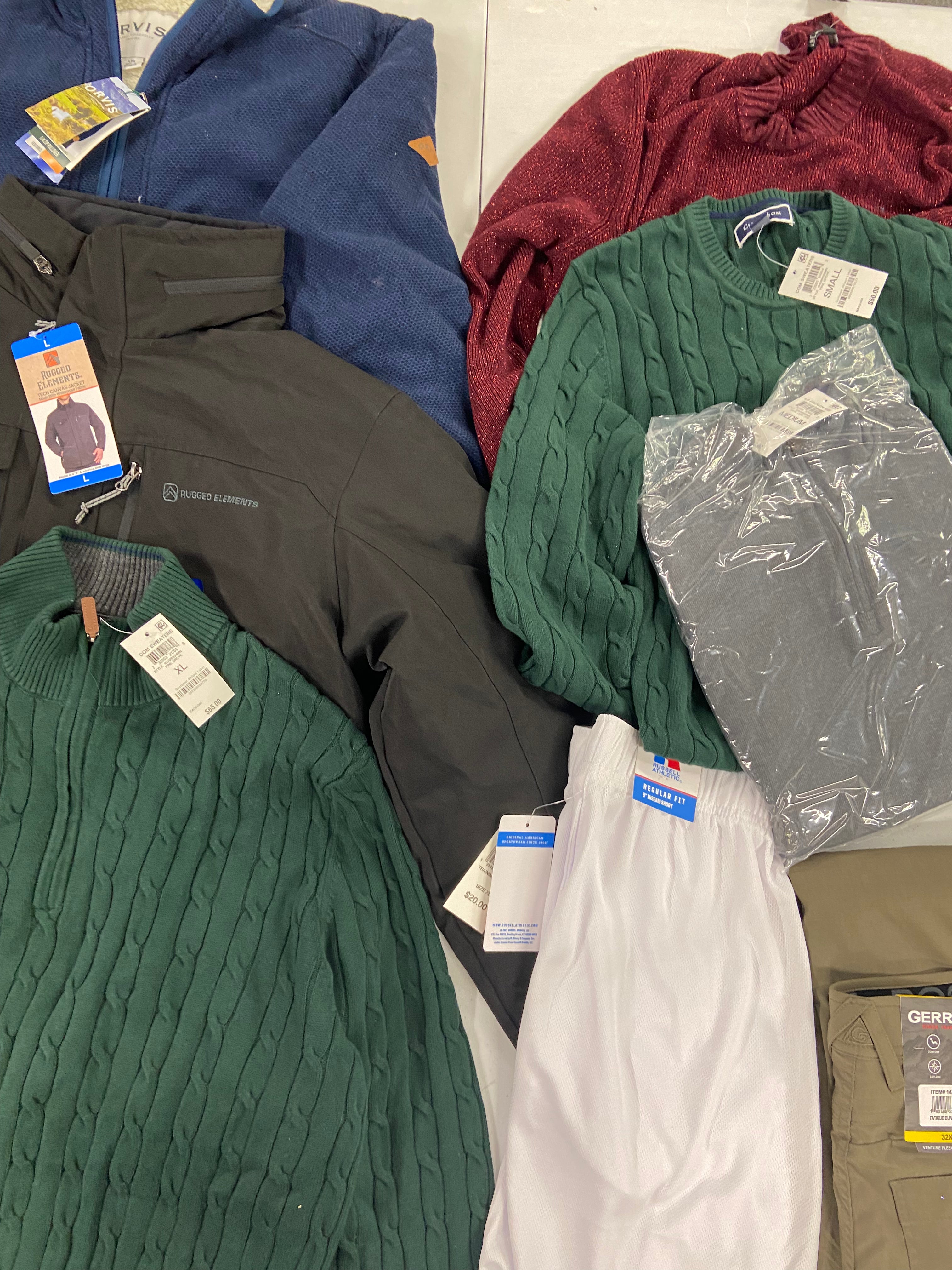 Men's Clothing Sweaters & Others, Wholesale Lot, GERRY, ORVIS, RUGGED, CLUB ROOM, RUSSELL and more, 9 items, Shelf Pulls, MSRP $504