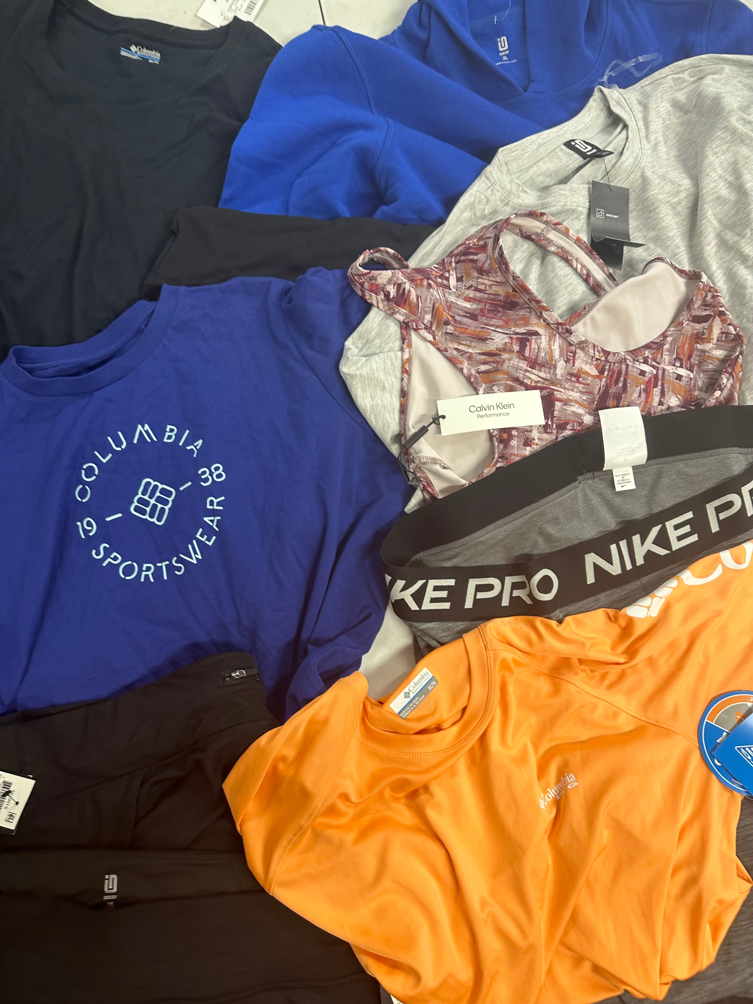 Women's Clothing Activewear Wholesale Lot, CALVIN KLEIN, COLUMBIA, NIKE, AMERICAN APPAREL and more, 11 items, Shelf Pulls, MSRP $432