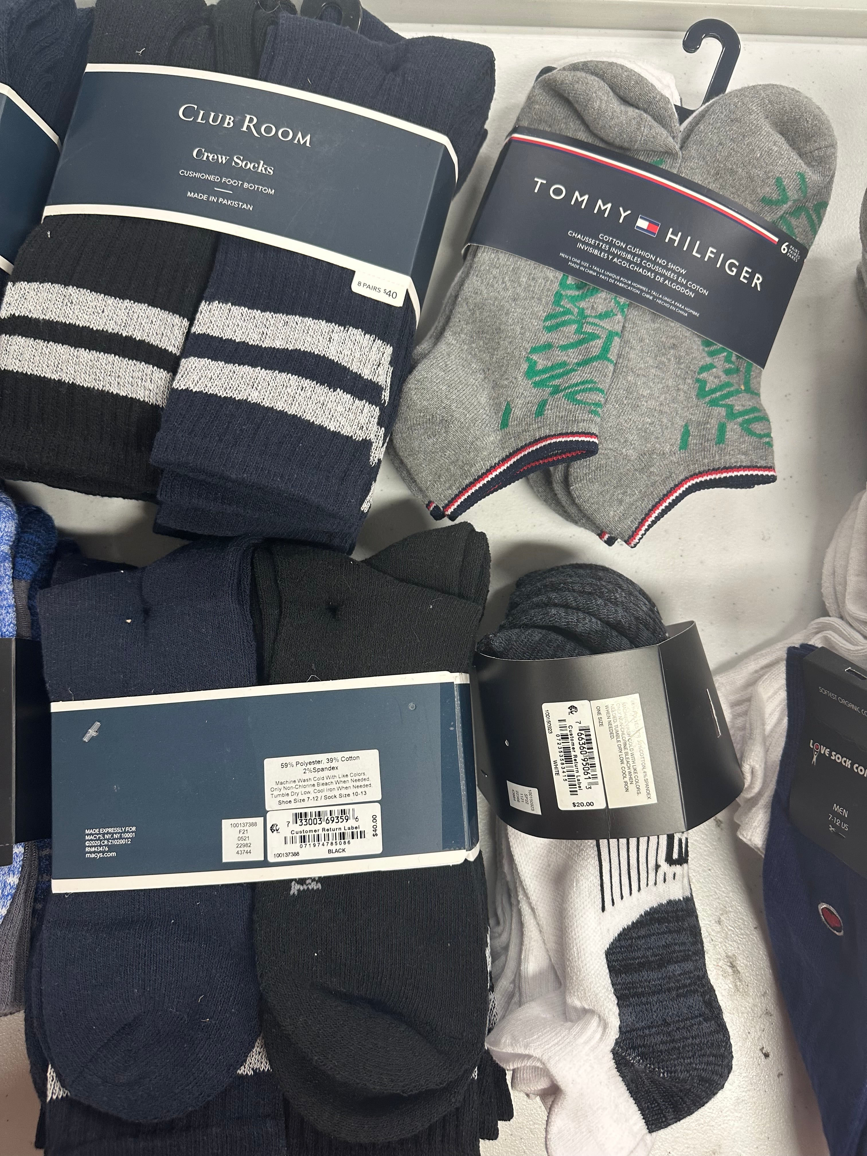 Men's Socks Wholesale Lot, TOMMY HILFIGER, CLUB ROOM, IDEOLOGY, 10 items, Shelf Pulls, MSRP $324