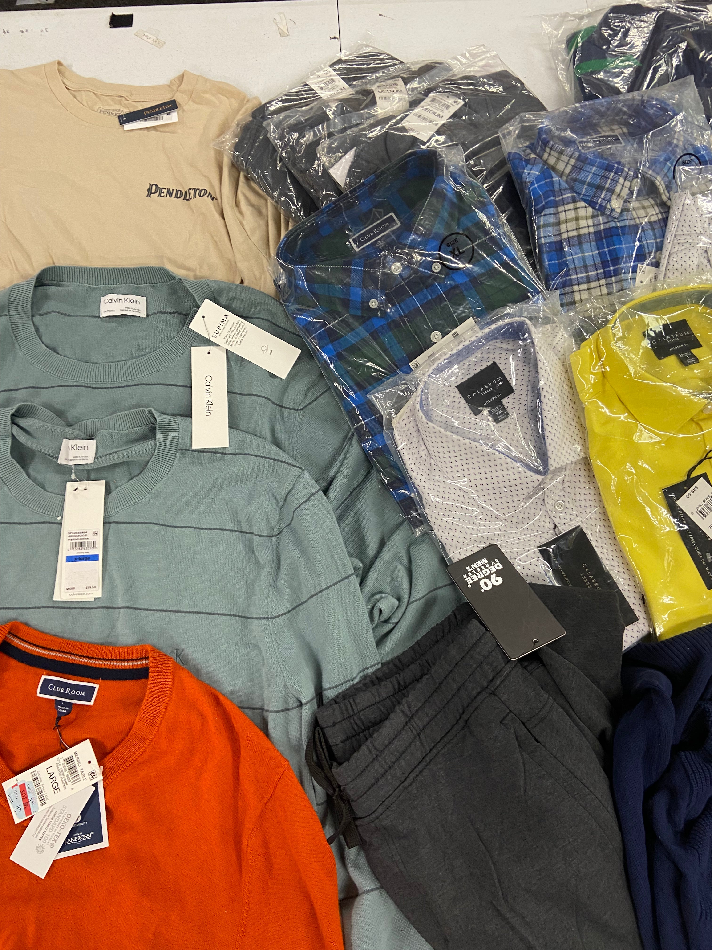 Men's Clothing Sweaters, Button-down Shirts & Others Wholesale Lot, CALVIN KLEIN, PENDLETON, CALABRUM, CLUB ROOM, and more, 15 items, Shelf Pulls, MSRP $859