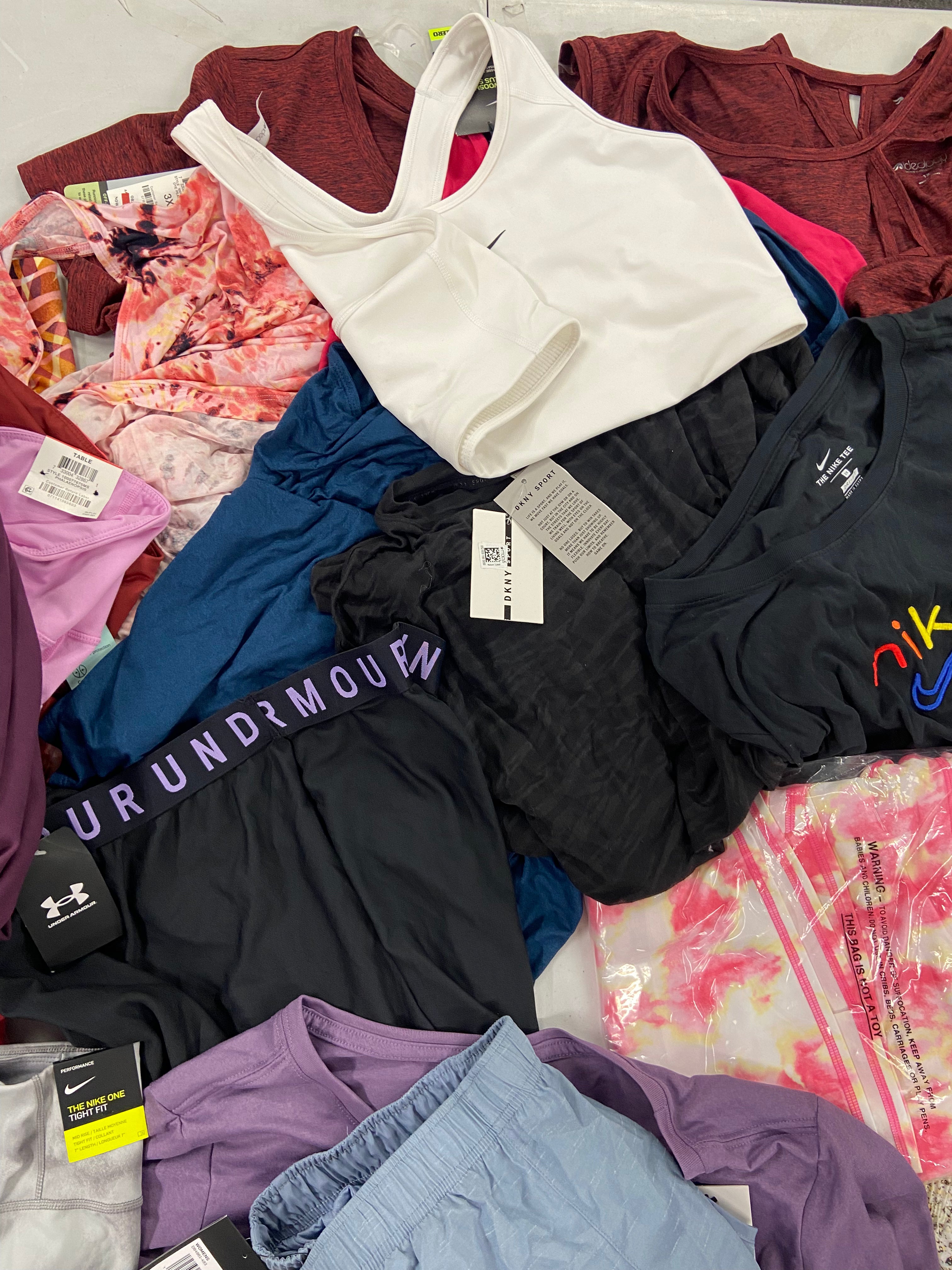 Women's Clothing Activewear Wholesale Lot, NIKE, CALVIN KLEIN, UNDER ARMOUR, DKNY, DANSKIN and more, 22 items, Shelf Pulls, MSRP $674