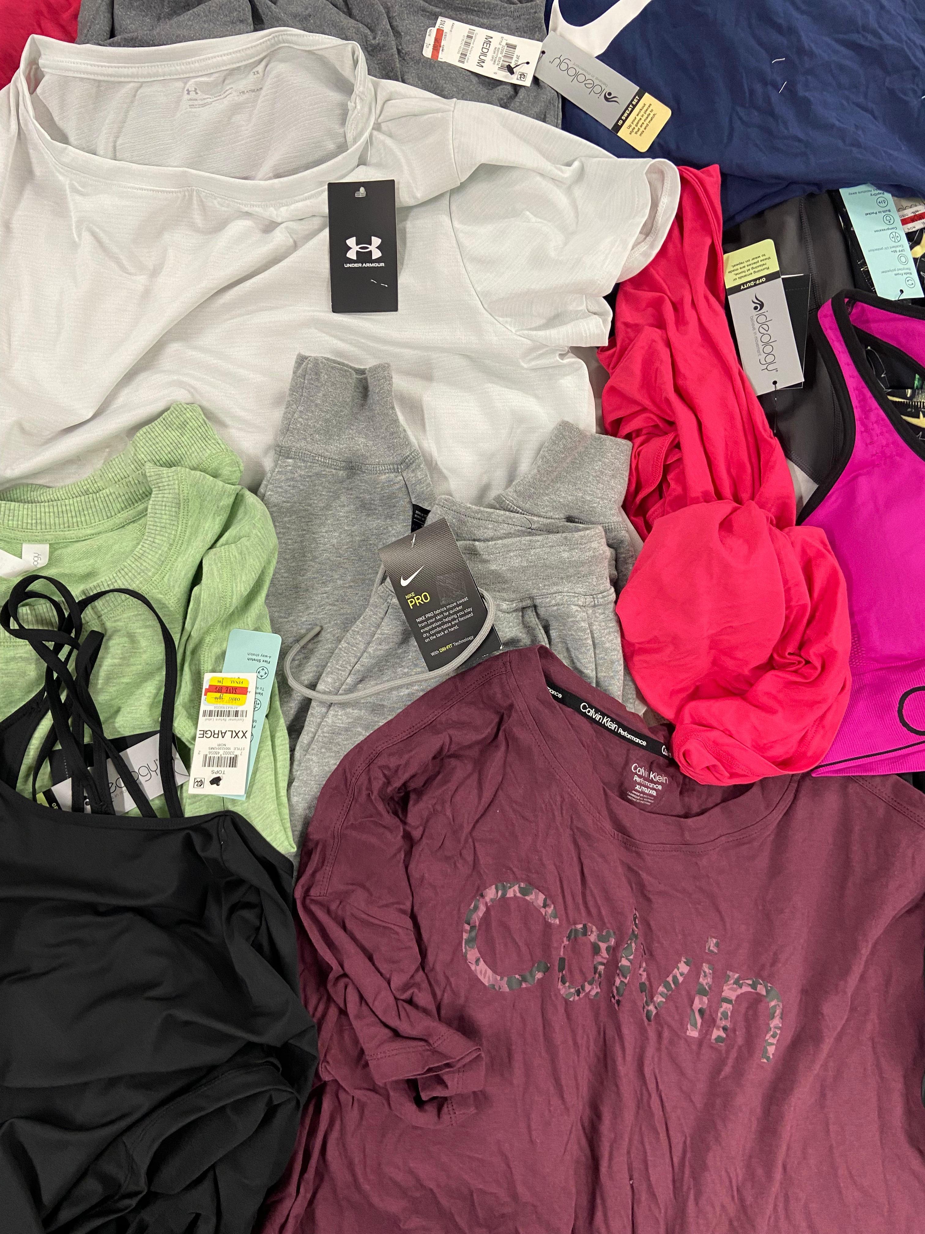 Women's Clothing Workout Outfits Wholesale Lot, NIKE, UNDER ARMOUR, CALVIN KLEIN, IDEOLOGY,  20 items, Shelf Pulls, MSRP $692