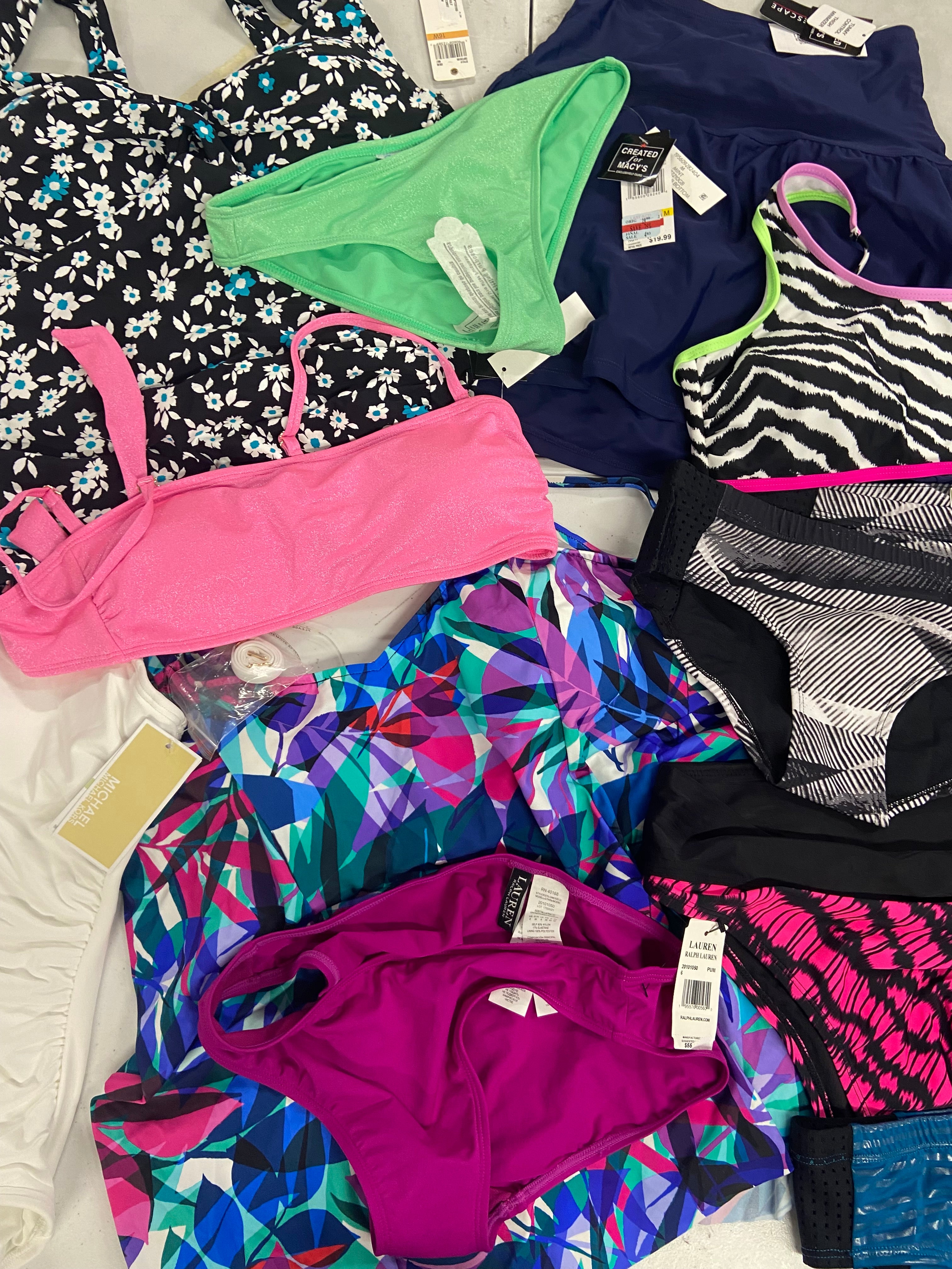 Women's Swimwear Wholesale Lot, MICHAEL KORS, RALPH LAUREN, DKNY, NIKE, SWIM SOLUTIONS and more, 12 items, Shelf Pulls, MSRP $633