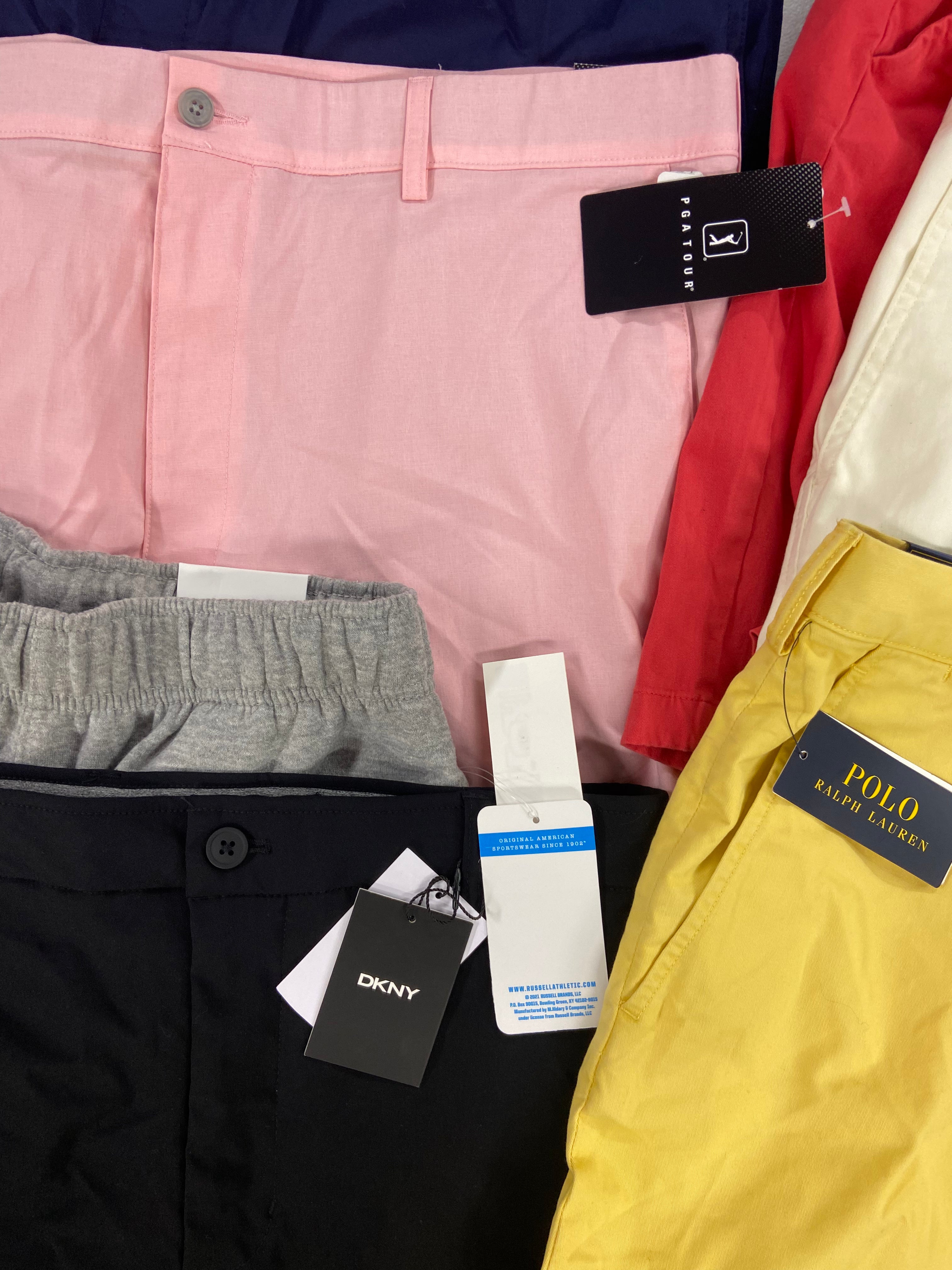 Men's Clothing Shorts Only Wholesale Lot, POLO RALPH LAUREN, CALVIN KLEIN, DKNY, PGA, RUSSEL ATHLETIC and more, 10 items, Shelf Pulls, MSRP $564