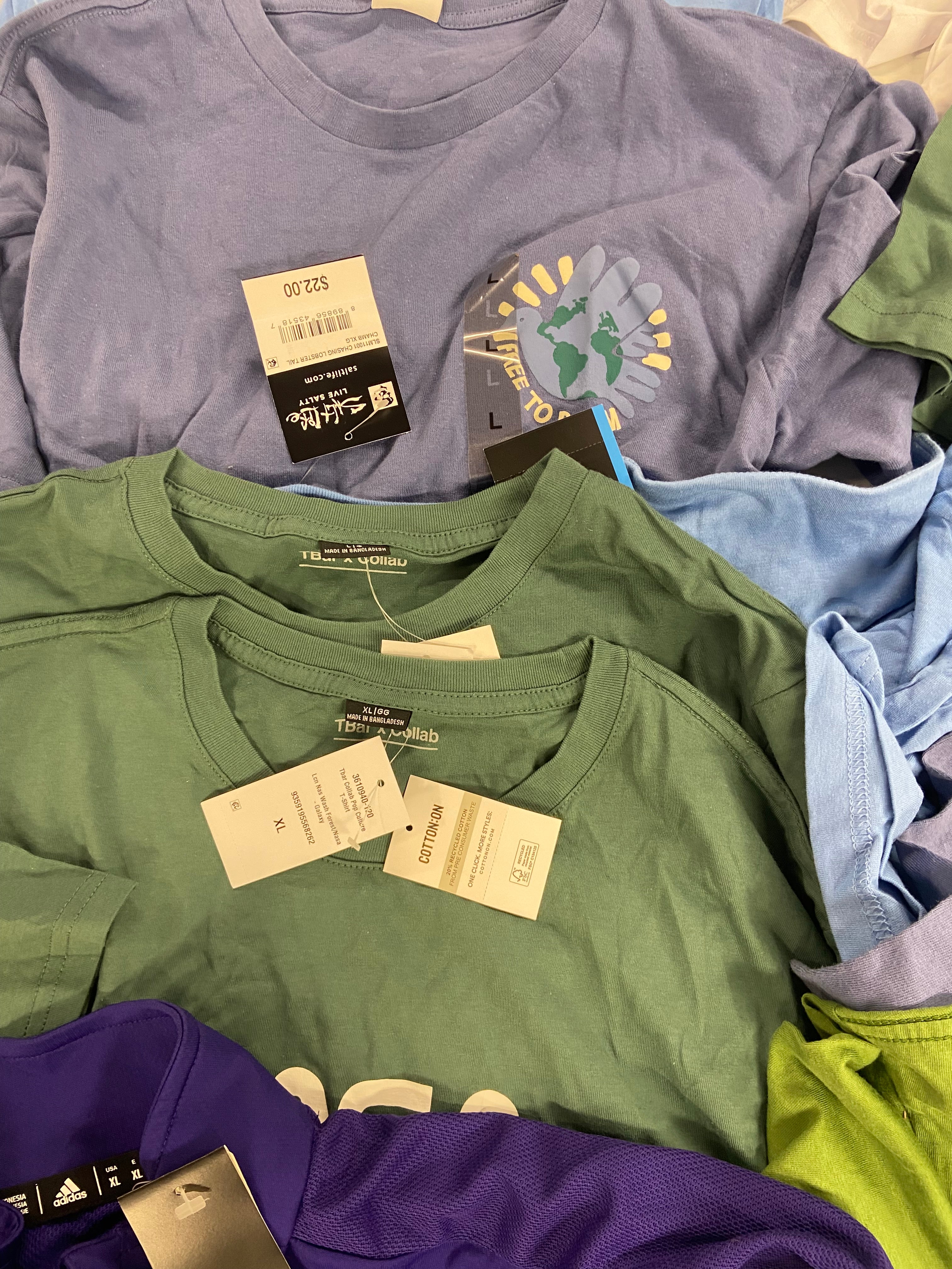 Men's Clothing T-Shirts Wholesale Lot, COLUMBIA, ADIDAS, COTTON ON, SALT LIFE, 14 items, Shelf Pulls, MSRP $413