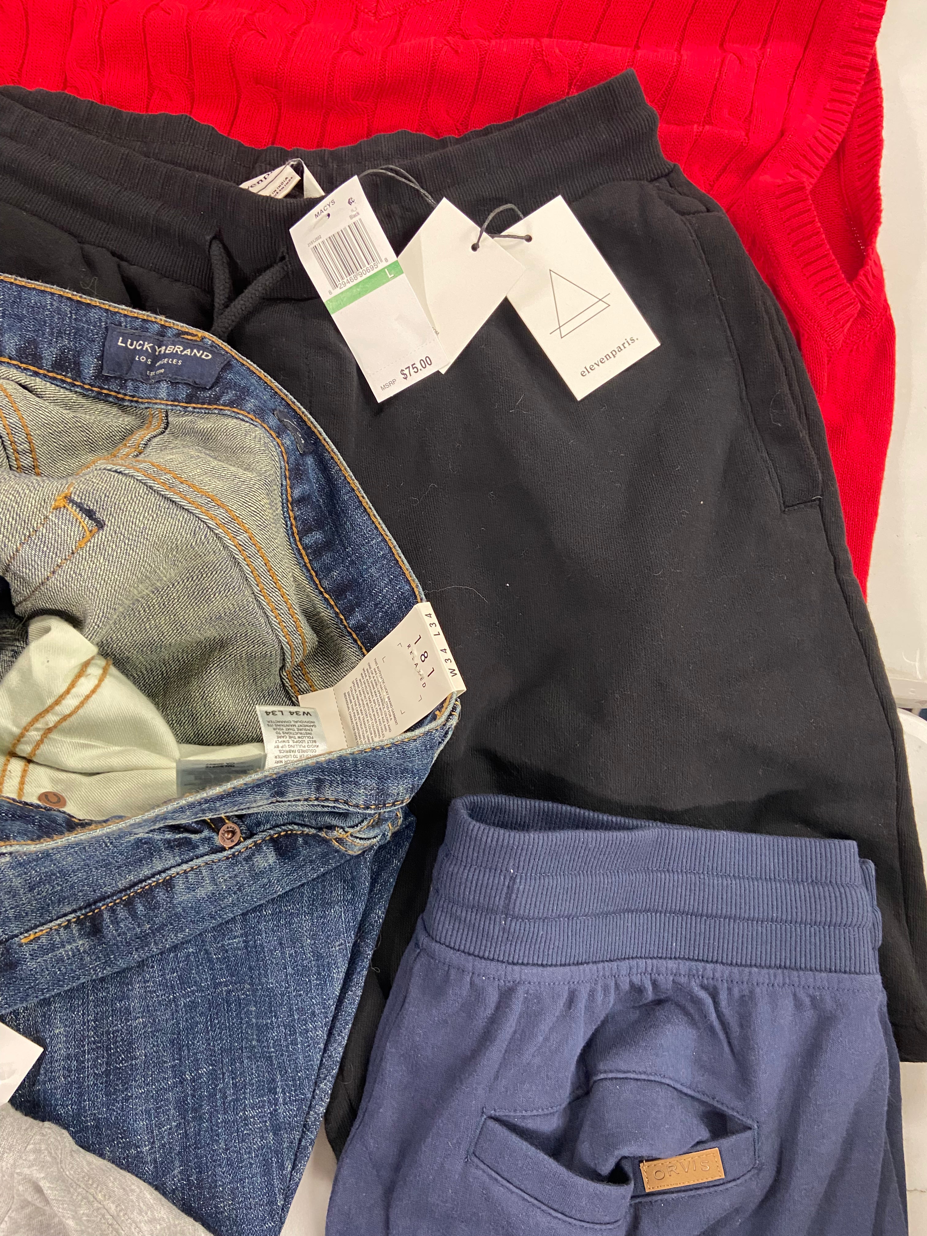 Men's Clothing Assorted Wholesale Lot, LUCKY BRAND, KARL LAGERFELD, CALVIN KLEIN, ORVIS, ELEVEN PARIS,  12 items, Shelf Pulls, MSRP $787