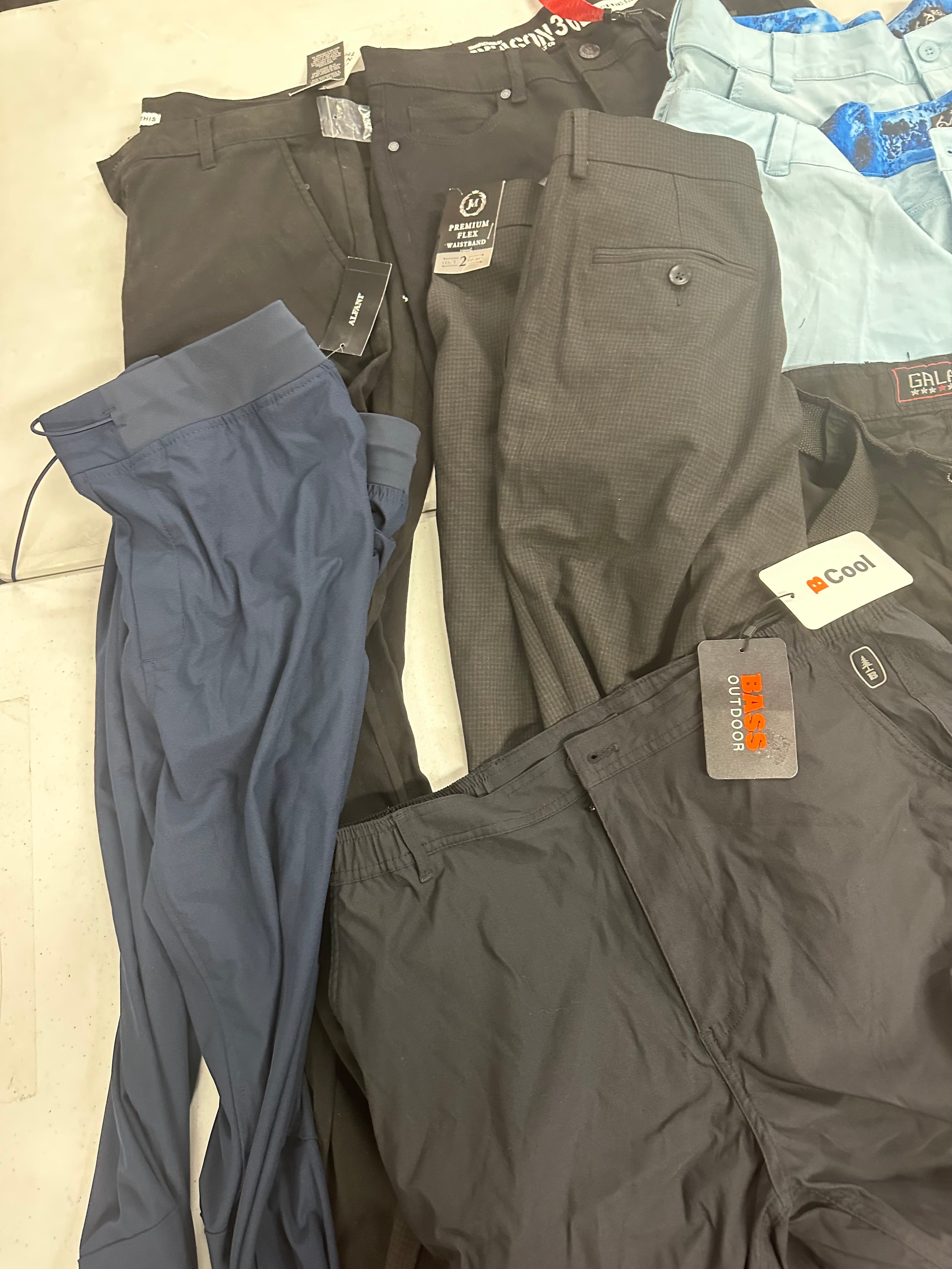 Men's Clothing Bottoms Wholesale Lot, J.M. HAGGAR, BASS OUTDOOR, AND NOW THIS, REALTREE FISHING and more, 8 items, Shelf Pulls, MSRP $460