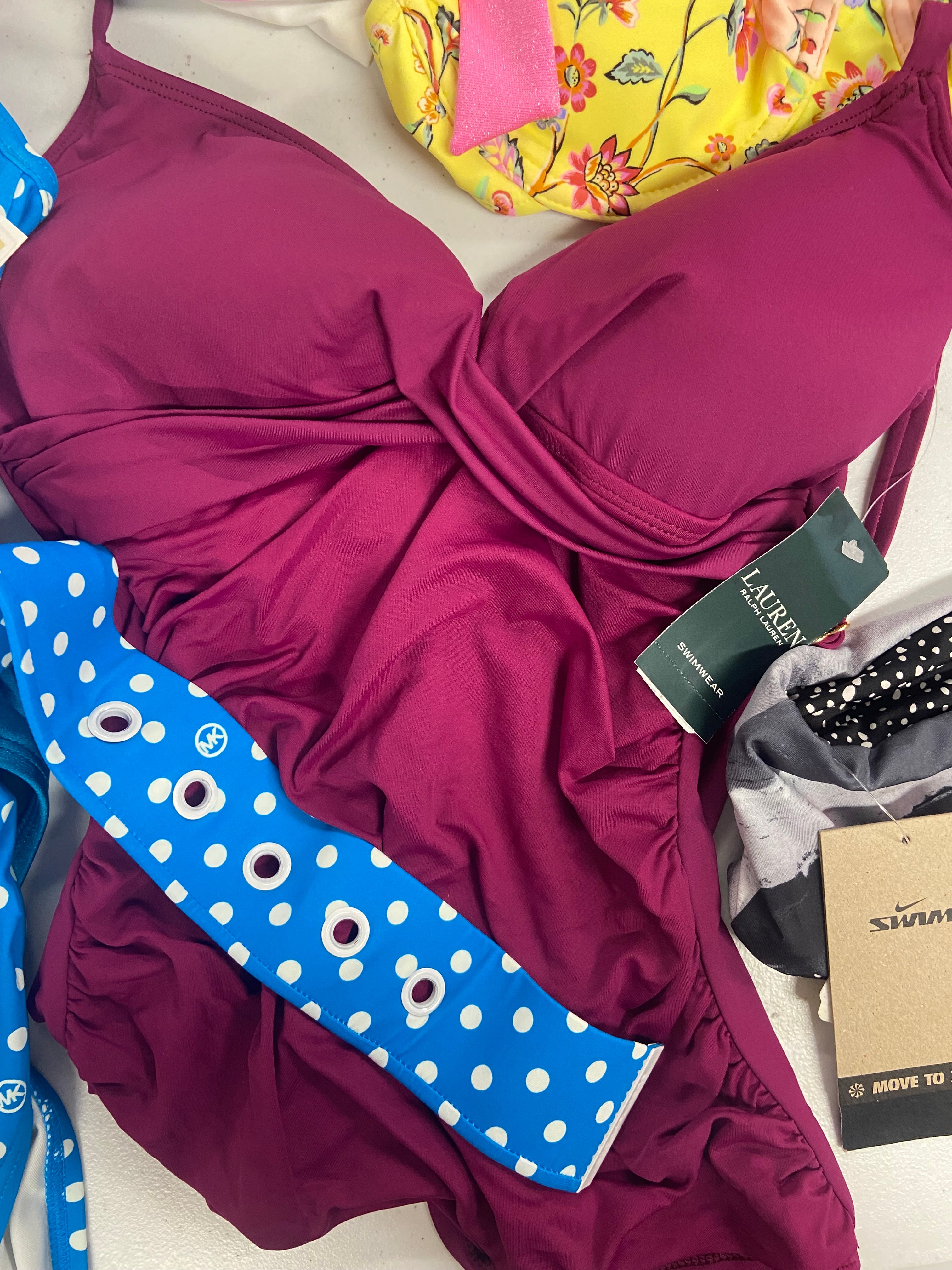 Women's Swimwear Wholesale Lot, MICHAEL KORS, NIKE, ONIA, CALVIN KLEIN, LAUREN RALPH LAUREN, LA BLANCA, CALIFORNIA WAVES and more, 18 items, Shelf Pulls, MSRP $833