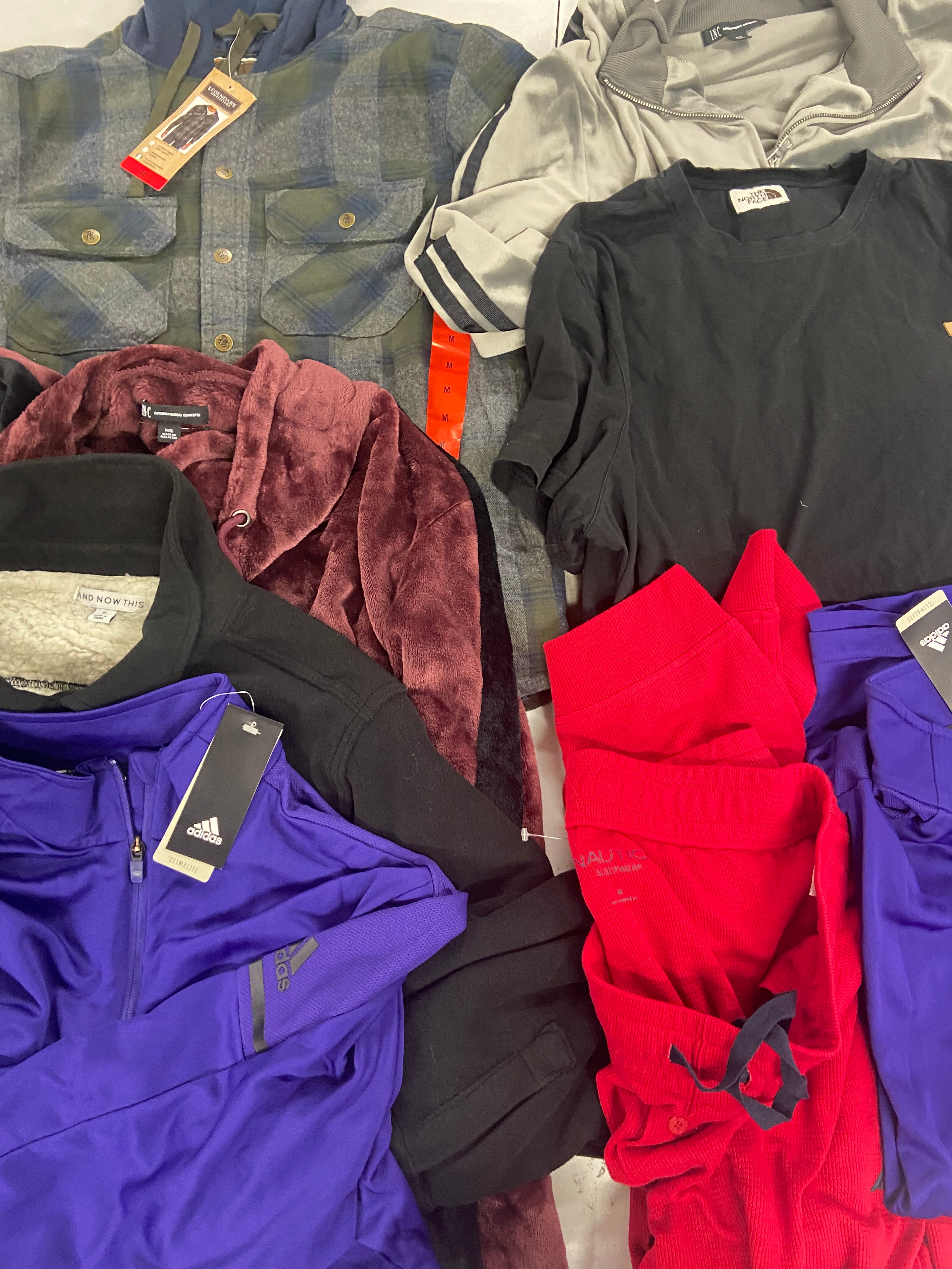 Men's Clothing Sweater and others, ADIDAS, NAUTICA, THE NORTH FACE, LEGENDARY, INC and more, Wholesale Lot, 8 items, Shelf Pulls, MSRP $479