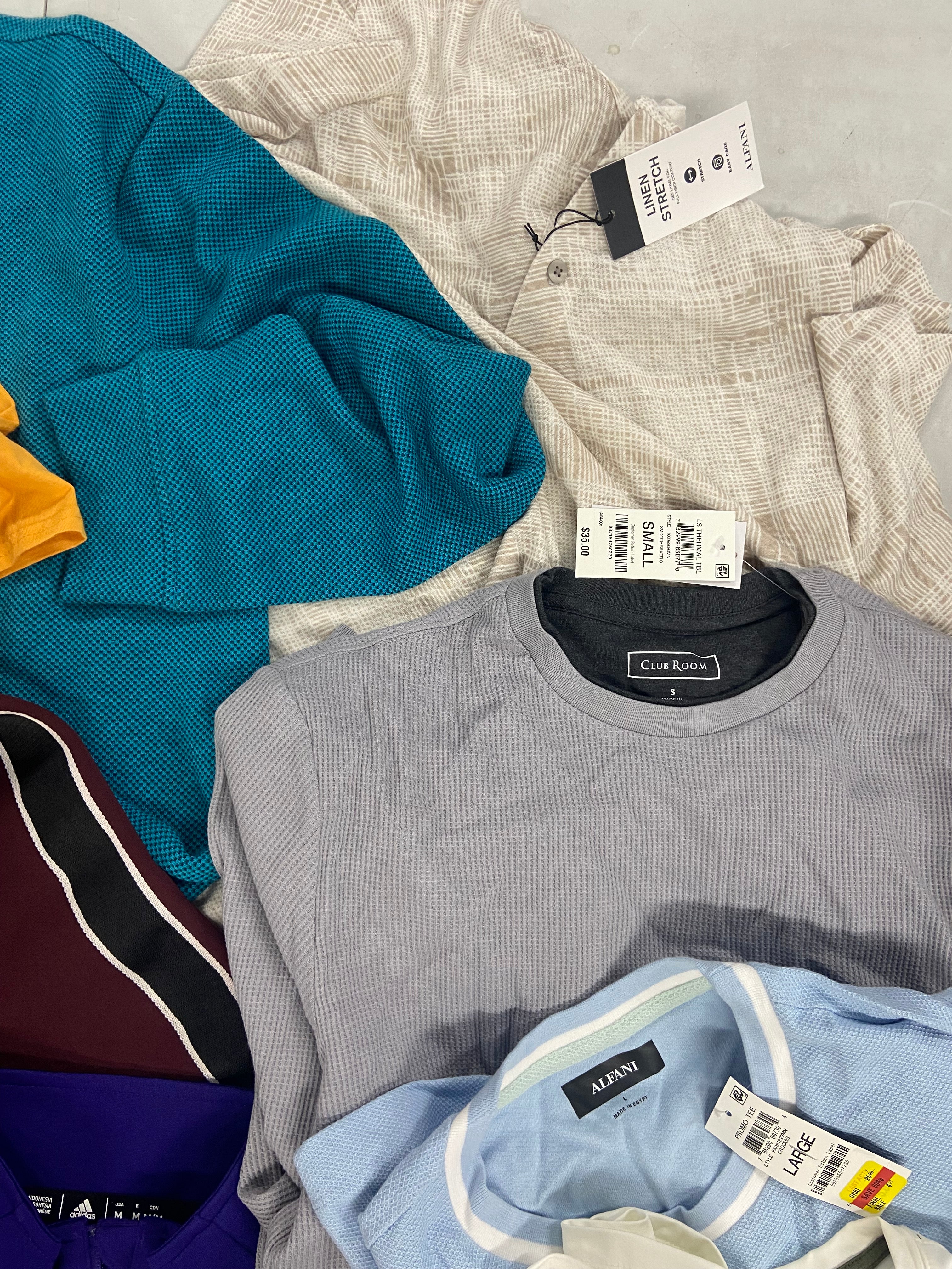 Men's Clothing Tops Wholesale Lot, ADIDAS, COLUMBIA, COTTON ON USA, BASS OUTDOOR, ALFANI and more, 14 items, Shelf Pulls, MSRP $599
