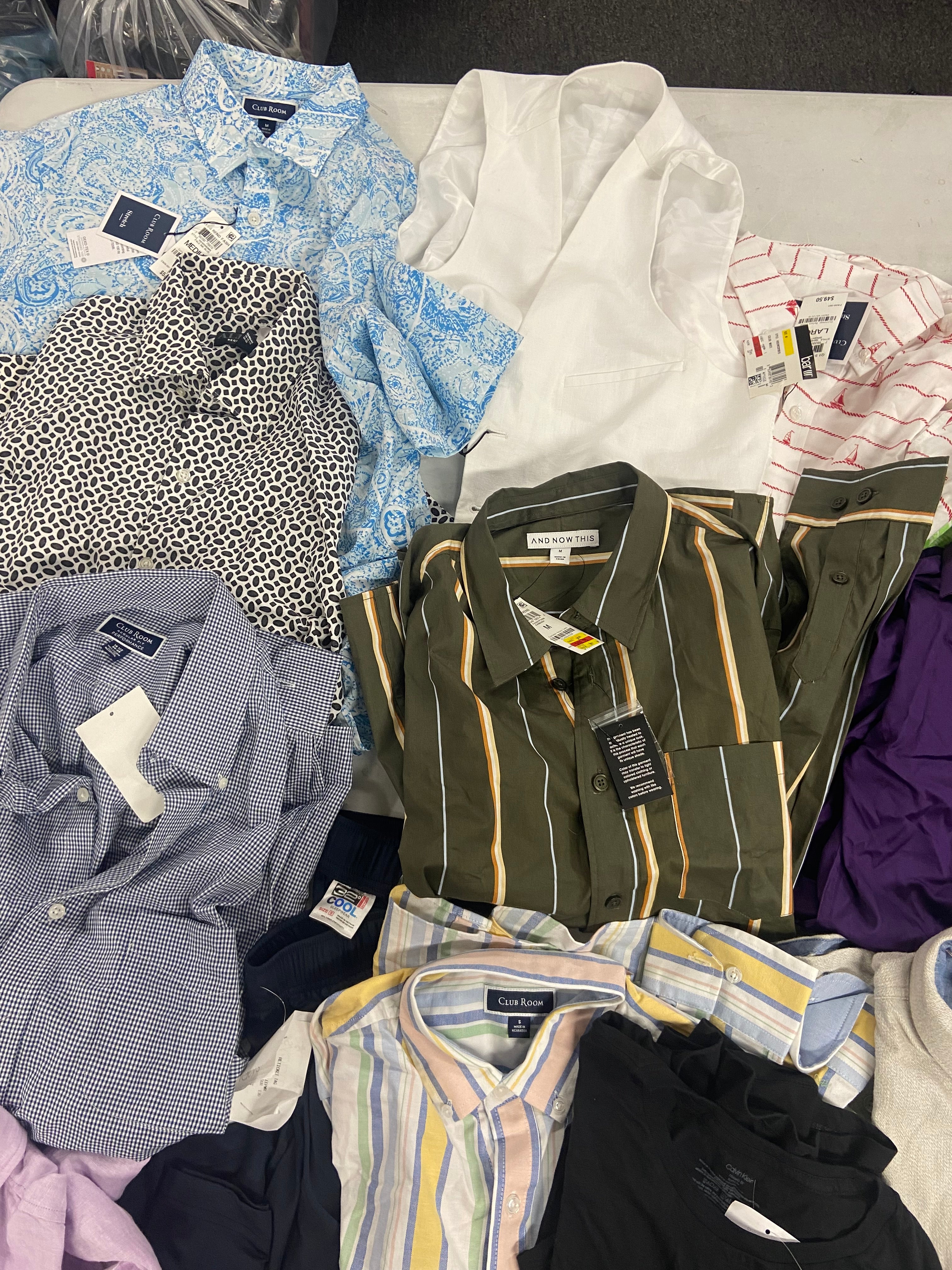 Men's Clothing Button-Down Shirts & Others, Wholesale Lot, TOMMY BAHAMA, CALVIN KLEIN, THE MEN'S STORE, AND NOW THIS, CLUBROOM and more, 13 items, Shelf Pulls, MSRP $858