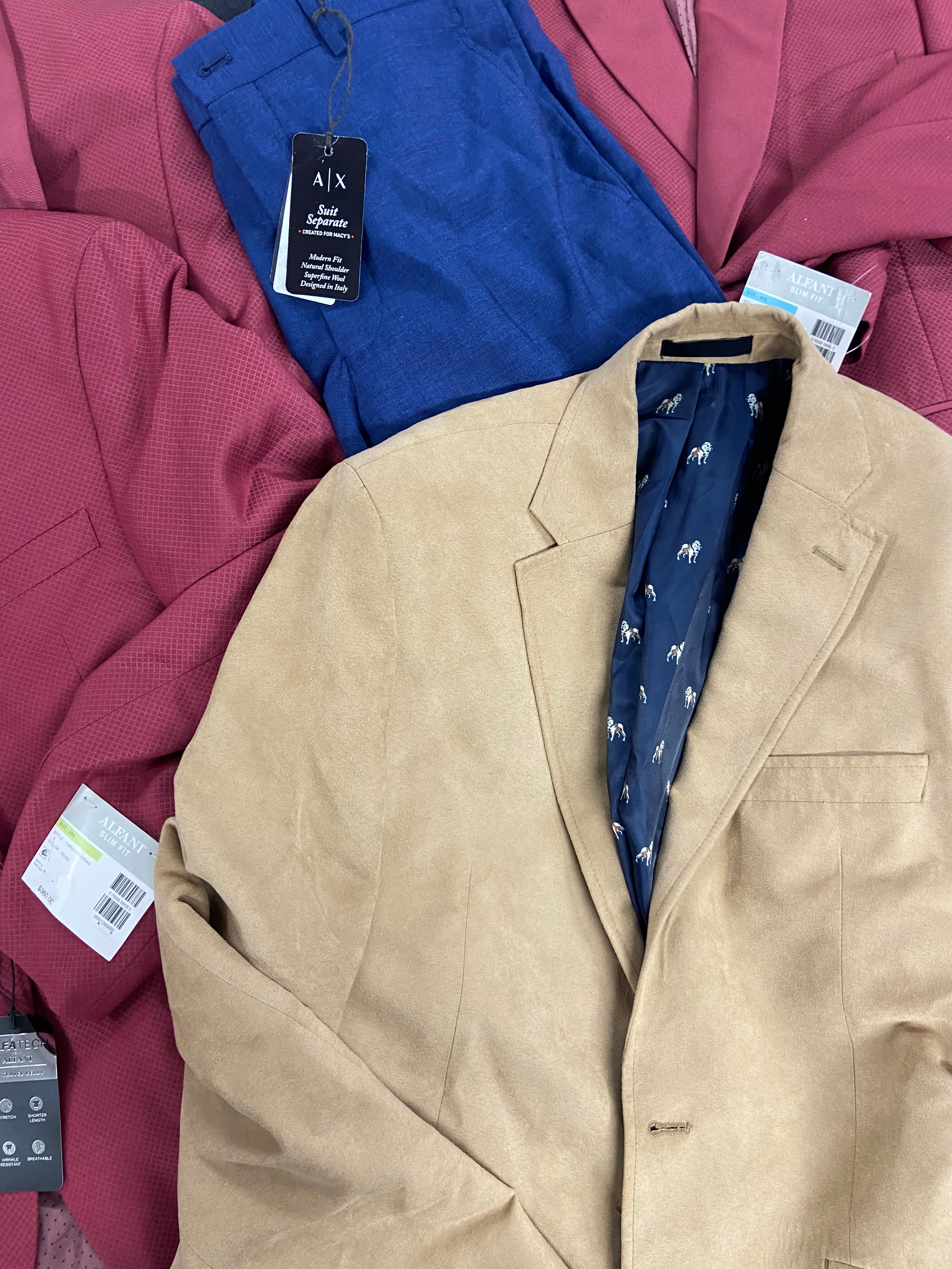 Men's Clothing Blazers Wholesale Lot, ARMANI EXCHANGE, LAUREN RALPH LAUREN, ALFANI, 6 items, Shelf Pulls, MSRP $2,110