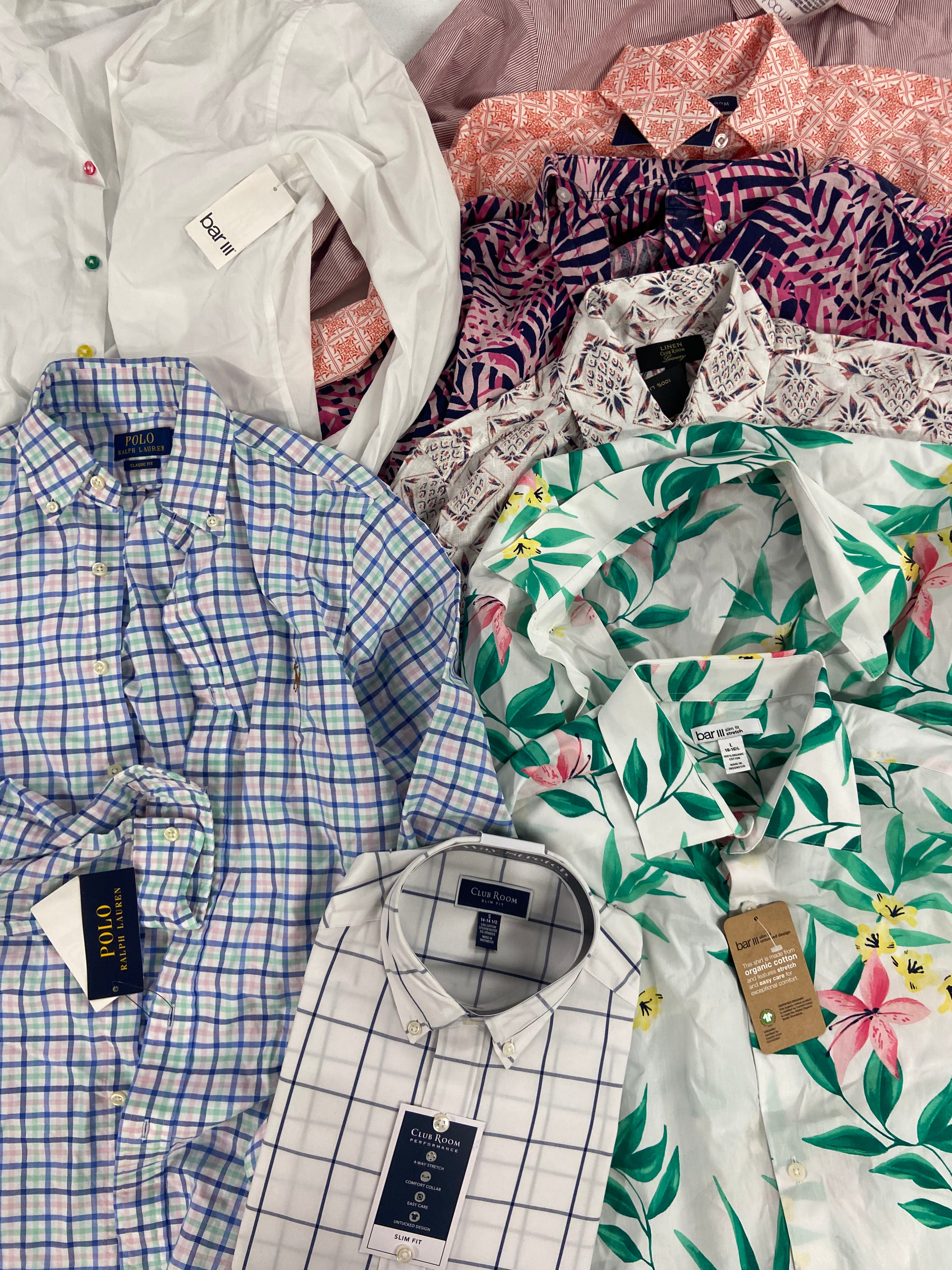 Men's Clothing Button Down Shirts, Wholesale Lot, POLO RALPH LAUREN, BAR III, CLUB ROOM, 9 items, Shelf Pulls, MSRP $587
