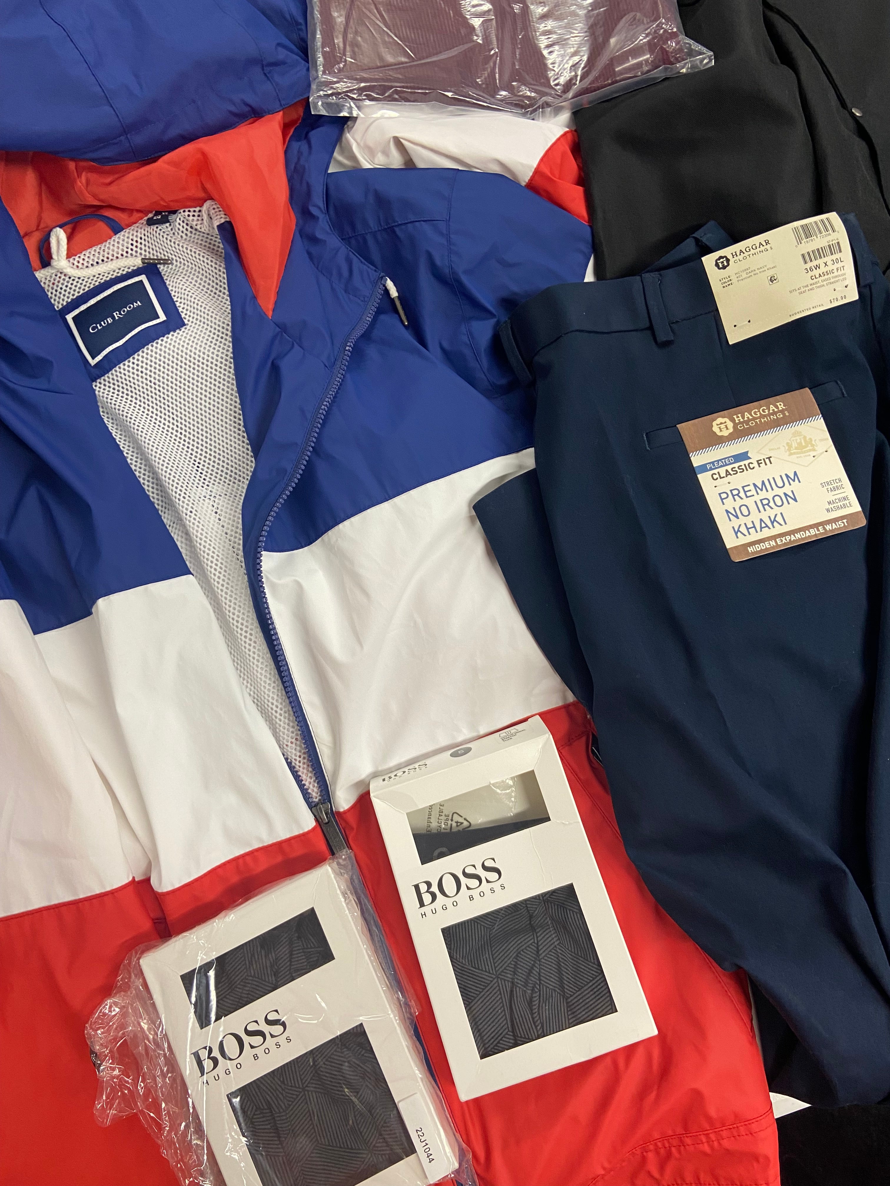 Men's Clothing Underwear, Jackets and more Wholesale Lot, HUGO BOSS HUGO, HAGGAR, NAUTICA, CATERPILLAR and more, 9 items, Shelf Pulls, MSRP $730