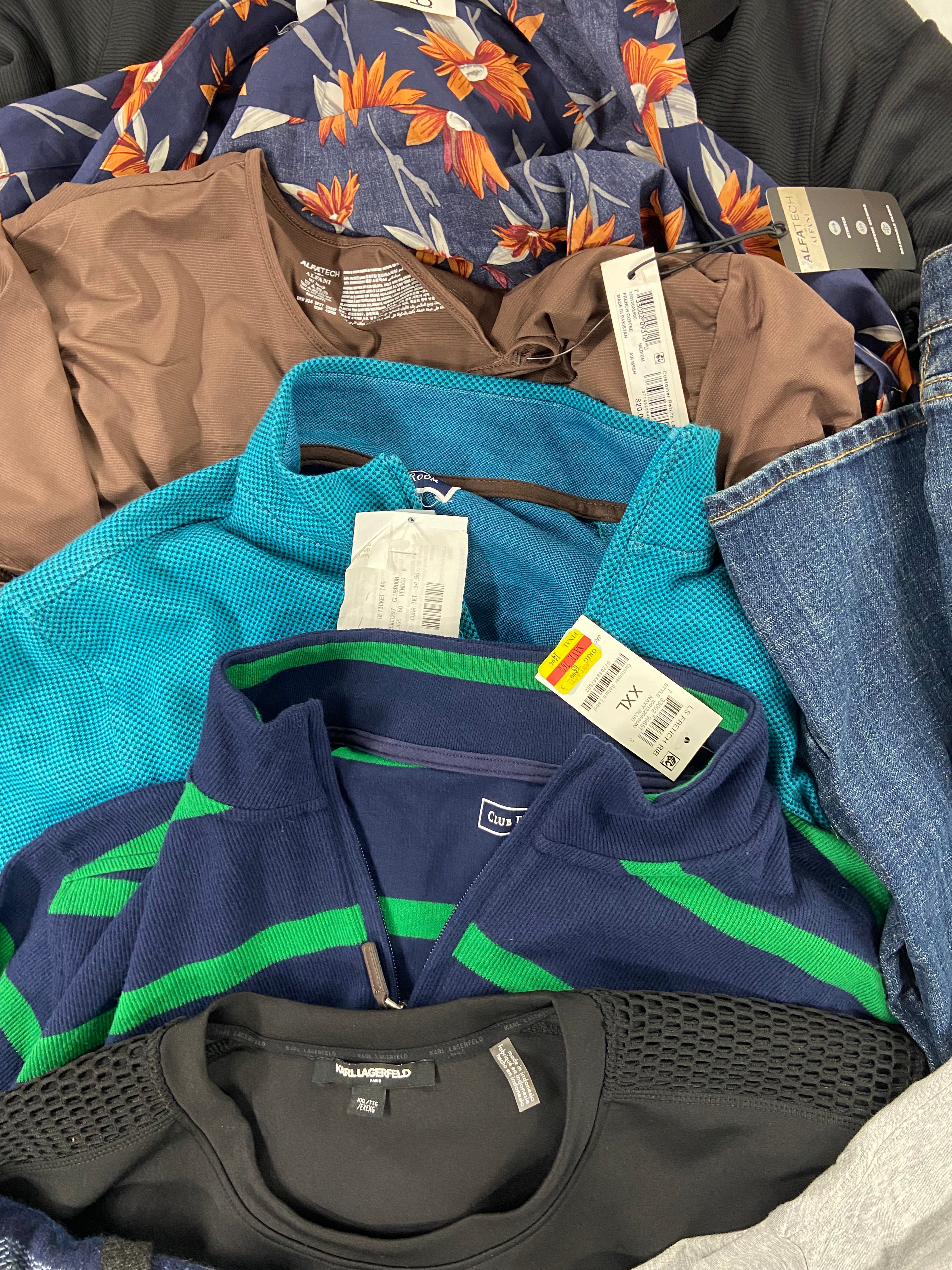 Men's Clothing Assorted Wholesale Lot, LUCKY BRAND, KARL LAGERFELD, CALVIN KLEIN, ORVIS, ELEVEN PARIS,  12 items, Shelf Pulls, MSRP $787