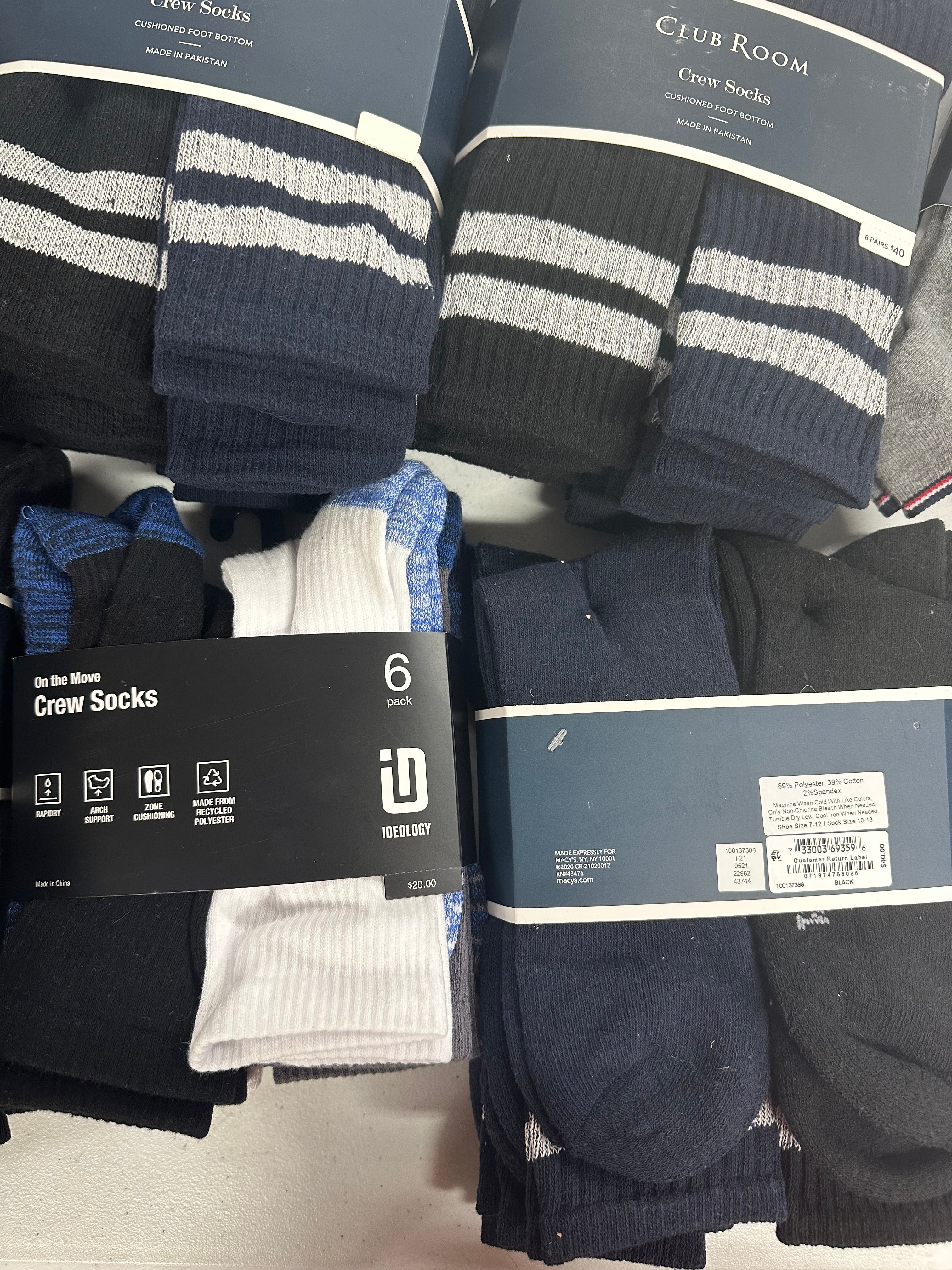 Men's Socks Wholesale Lot, TOMMY HILFIGER, CLUB ROOM, IDEOLOGY, 10 items, Shelf Pulls, MSRP $324