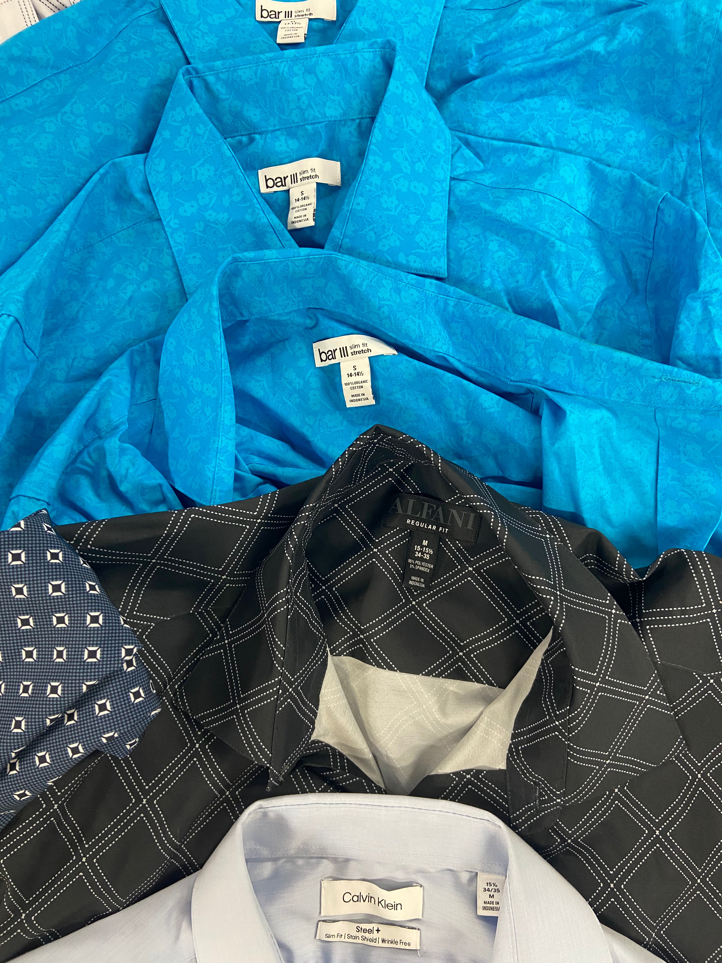 Men's Clothing Dress Shirt Wholesale Lot, CALVIN KLEIN, ALFANI, BAR III, CLUB ROOM 10 items, Shelf Pulls, MSRP $635