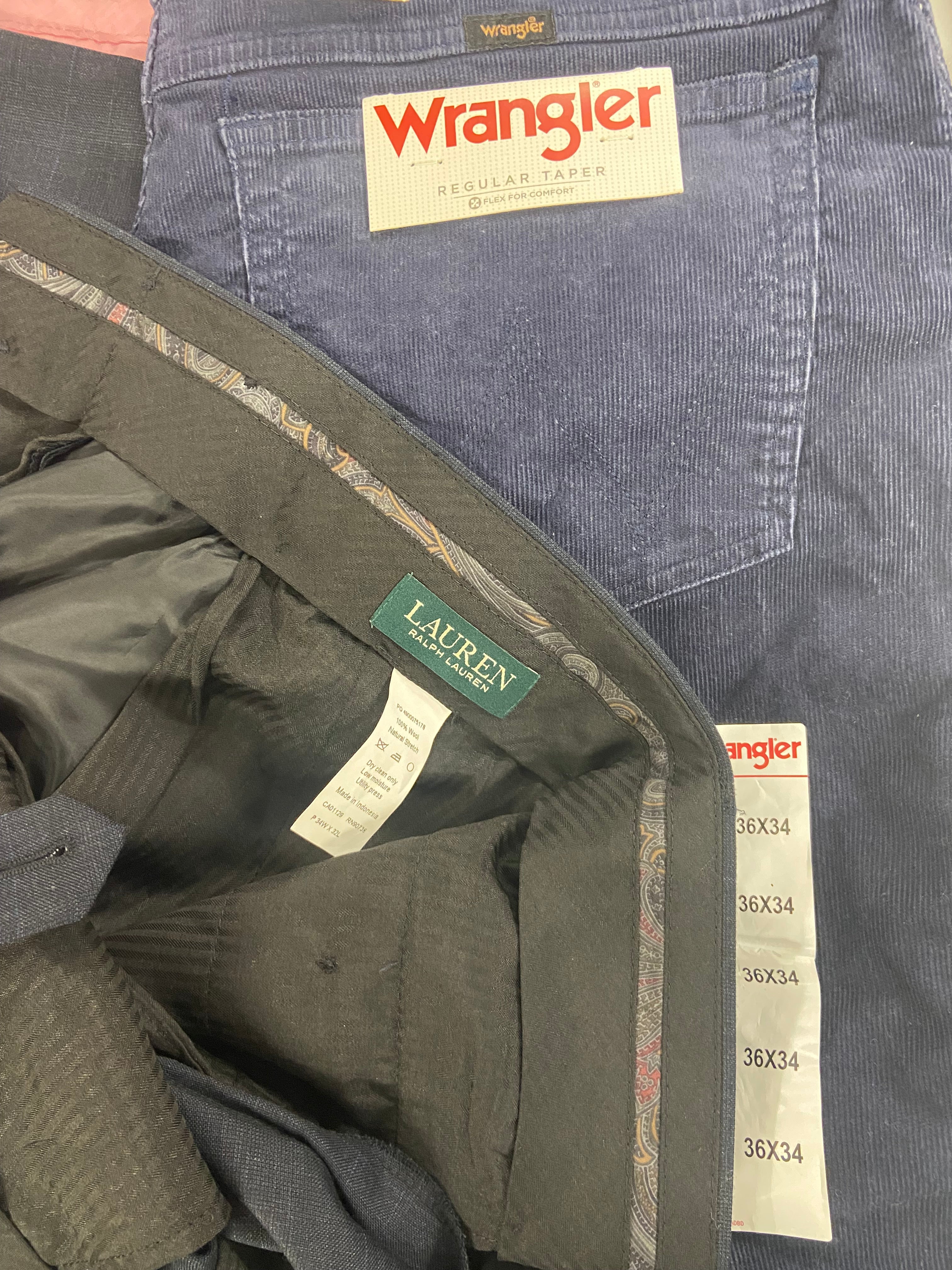 Men's Clothing Bottoms Wholesale Lot, POLO RALPH LAUREN, TAYION, WRANGLER, LEE and more, 9 items, Shelf Pulls, MSRP $835