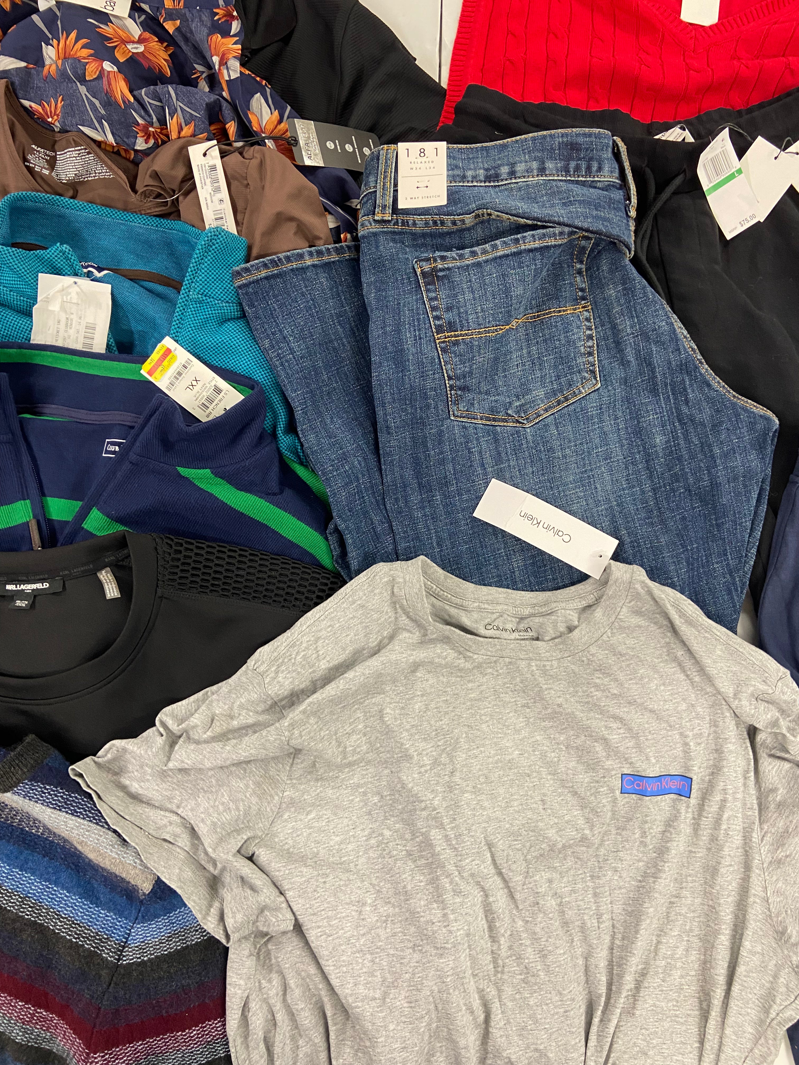 Men's Clothing Assorted Wholesale Lot, LUCKY BRAND, KARL LAGERFELD, CALVIN KLEIN, ORVIS, ELEVEN PARIS,  12 items, Shelf Pulls, MSRP $787
