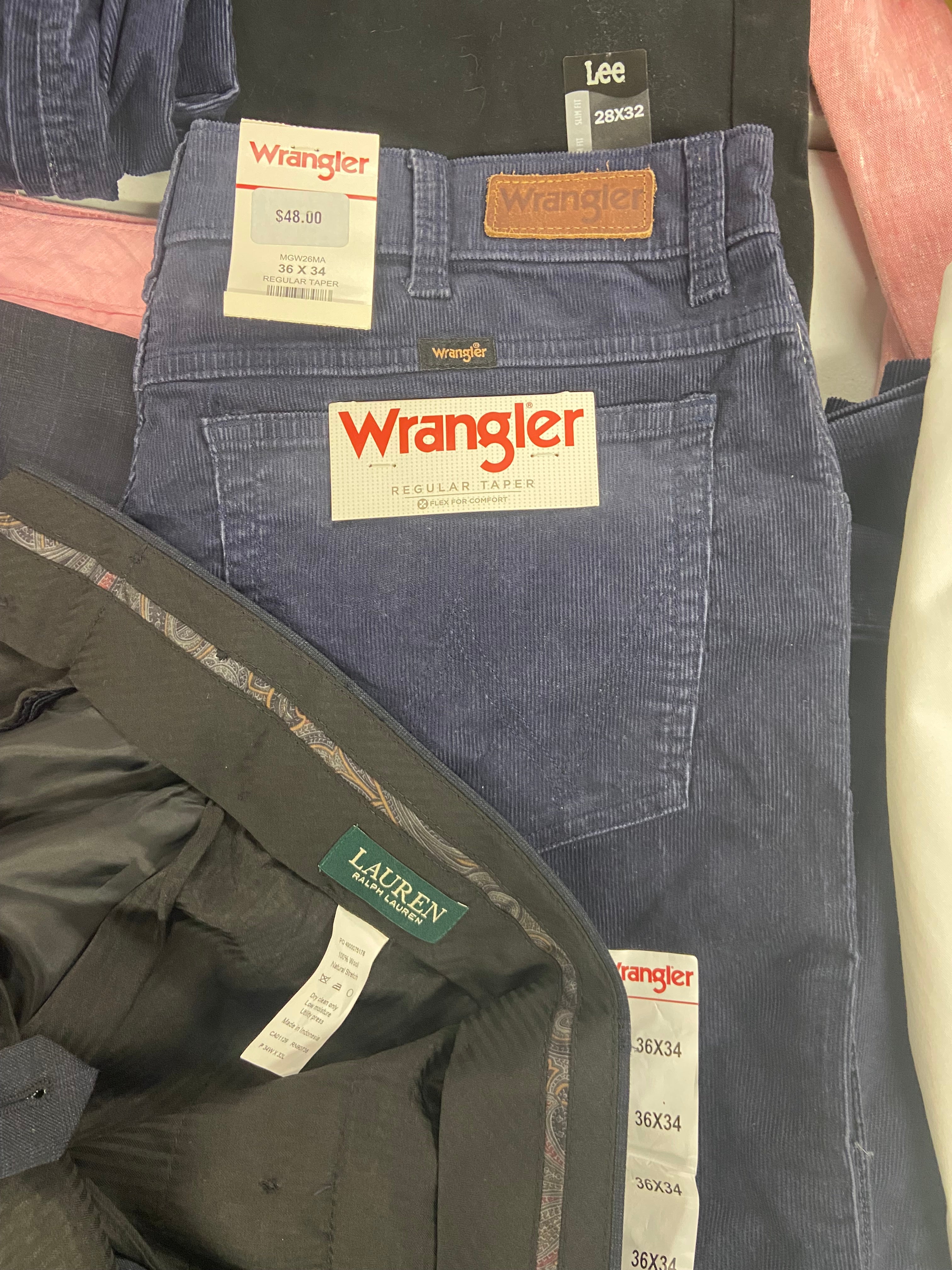 Men's Clothing Bottoms Wholesale Lot, POLO RALPH LAUREN, TAYION, WRANGLER, LEE and more, 9 items, Shelf Pulls, MSRP $835