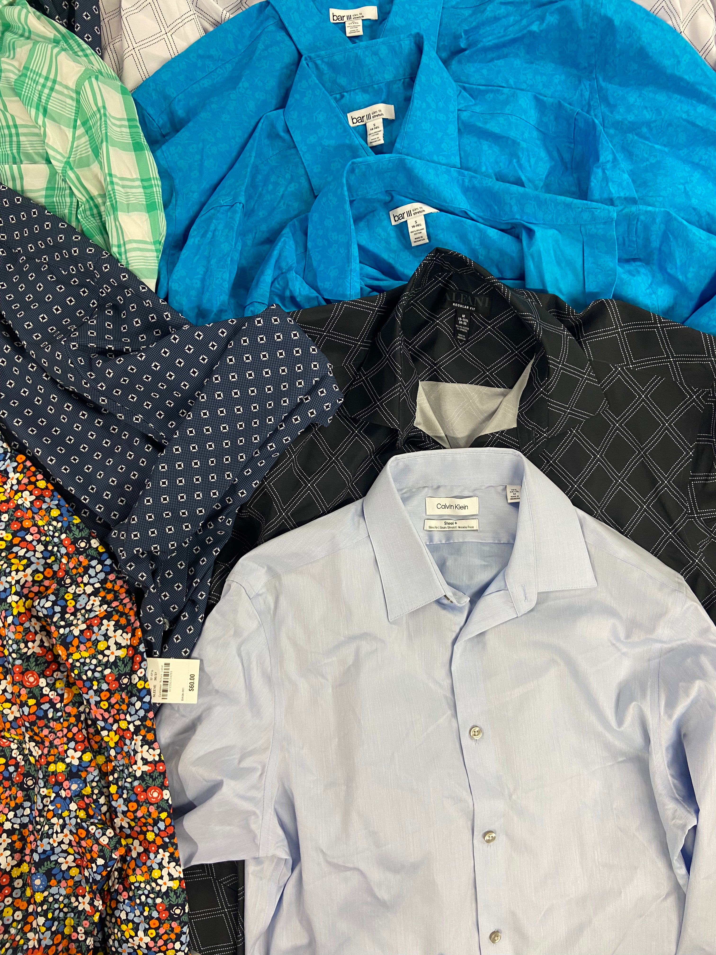 Men's Clothing Dress Shirt Wholesale Lot, CALVIN KLEIN, ALFANI, BAR III, CLUB ROOM 10 items, Shelf Pulls, MSRP $635