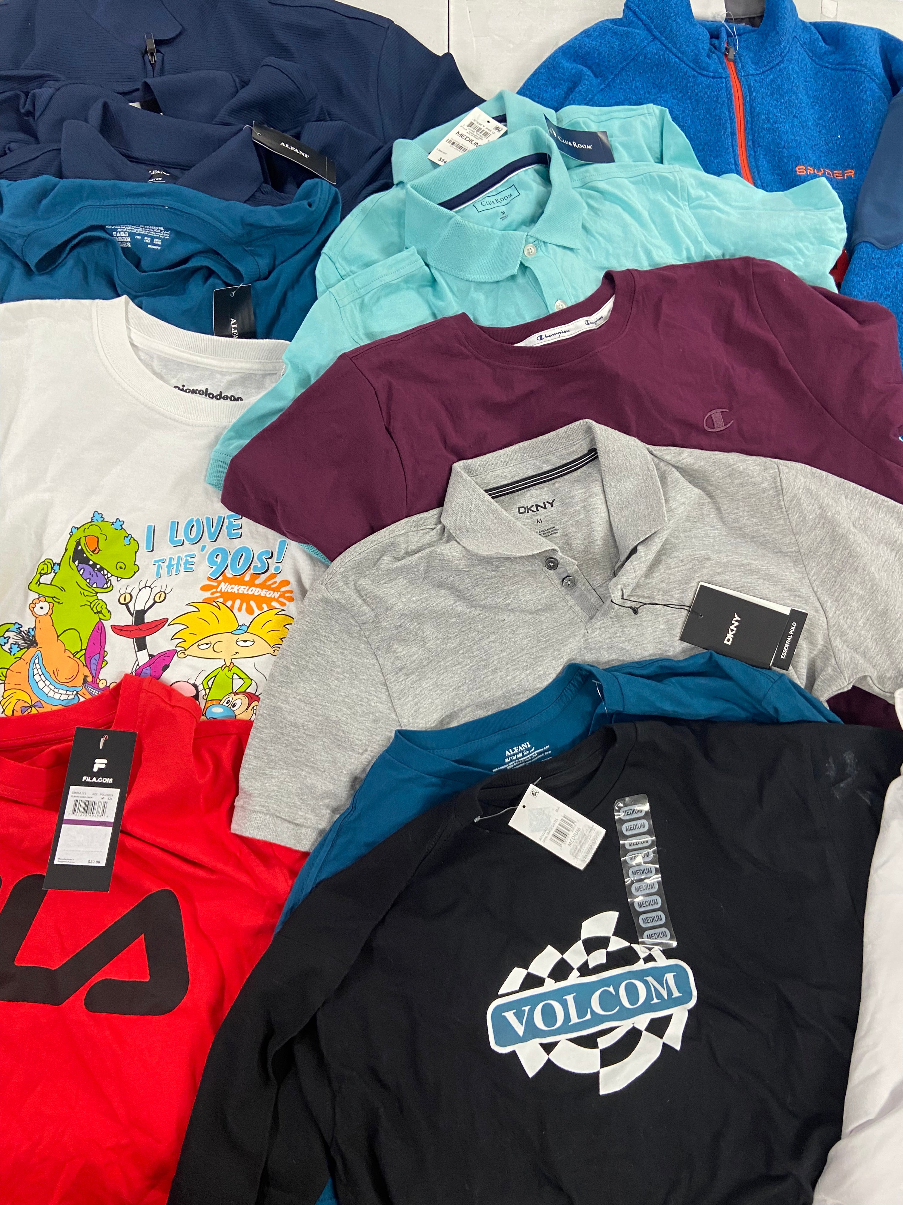 Men's Clothing Tops Wholesale Lot, ADIDAS, VOLCOM, DKNY, FILA, SPYDER, CLUB ROOM and more, 17 items, Shelf Pulls, MSRP $687