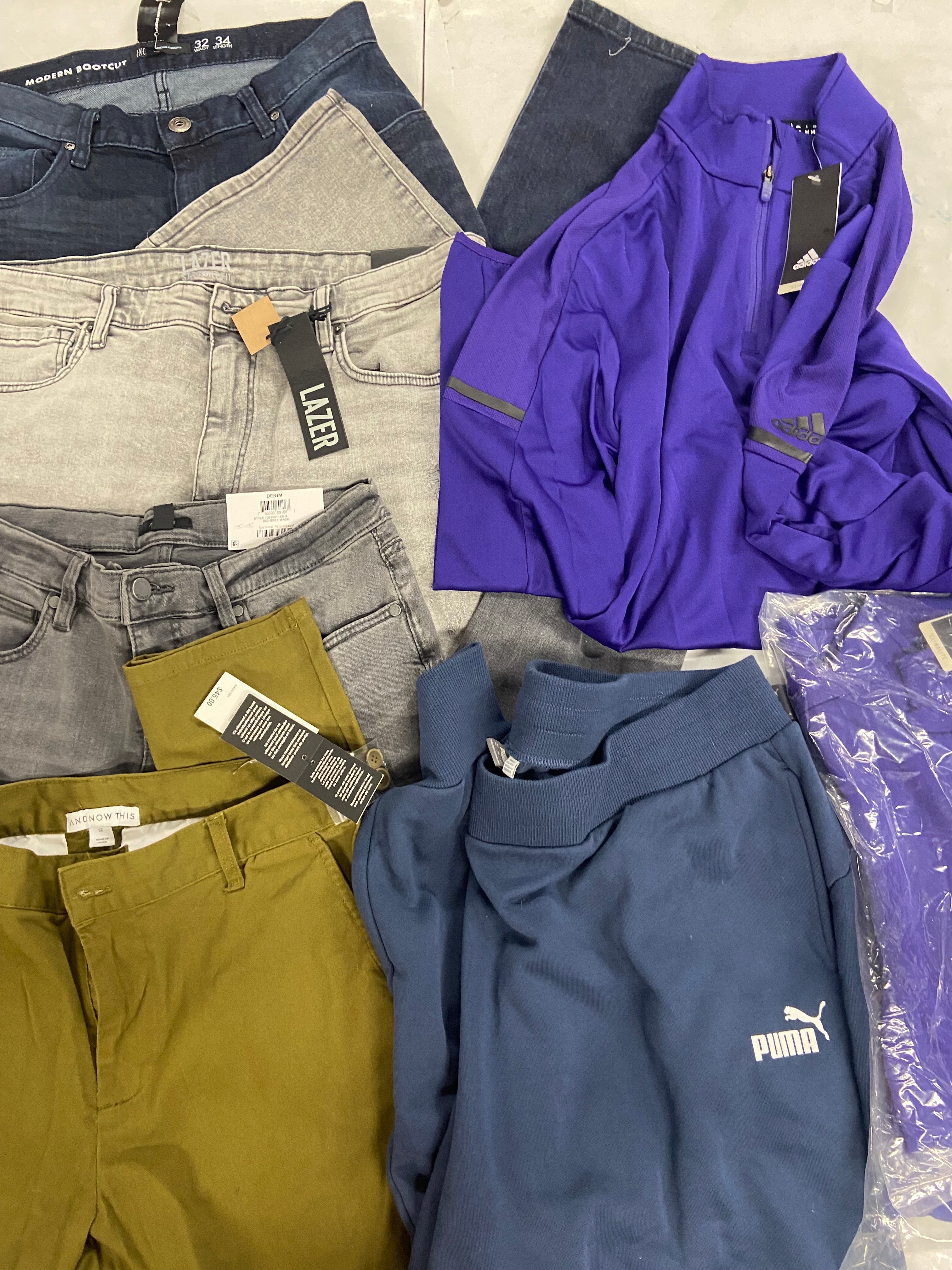 Men's Clothing Bottoms & Tops Wholesale Lot, PUMA, ADIDAS, INC and more, 8 items, Shelf Pulls, MSRP $484