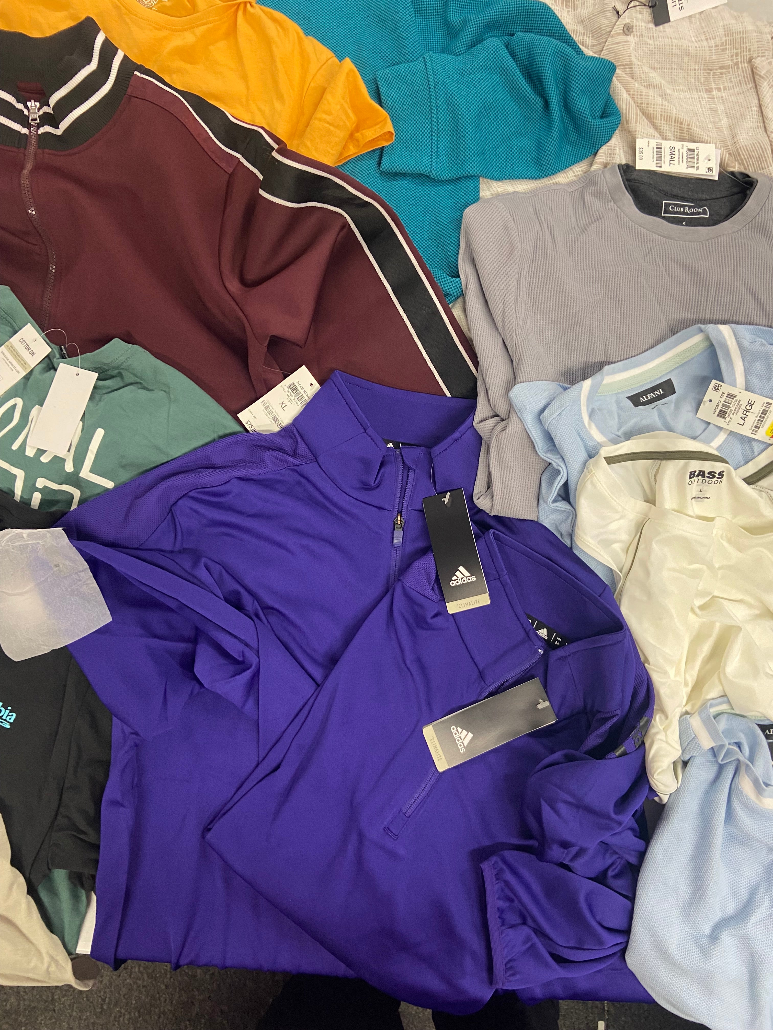Men's Clothing Tops Wholesale Lot, ADIDAS, COLUMBIA, COTTON ON USA, BASS OUTDOOR, ALFANI and more, 14 items, Shelf Pulls, MSRP $599