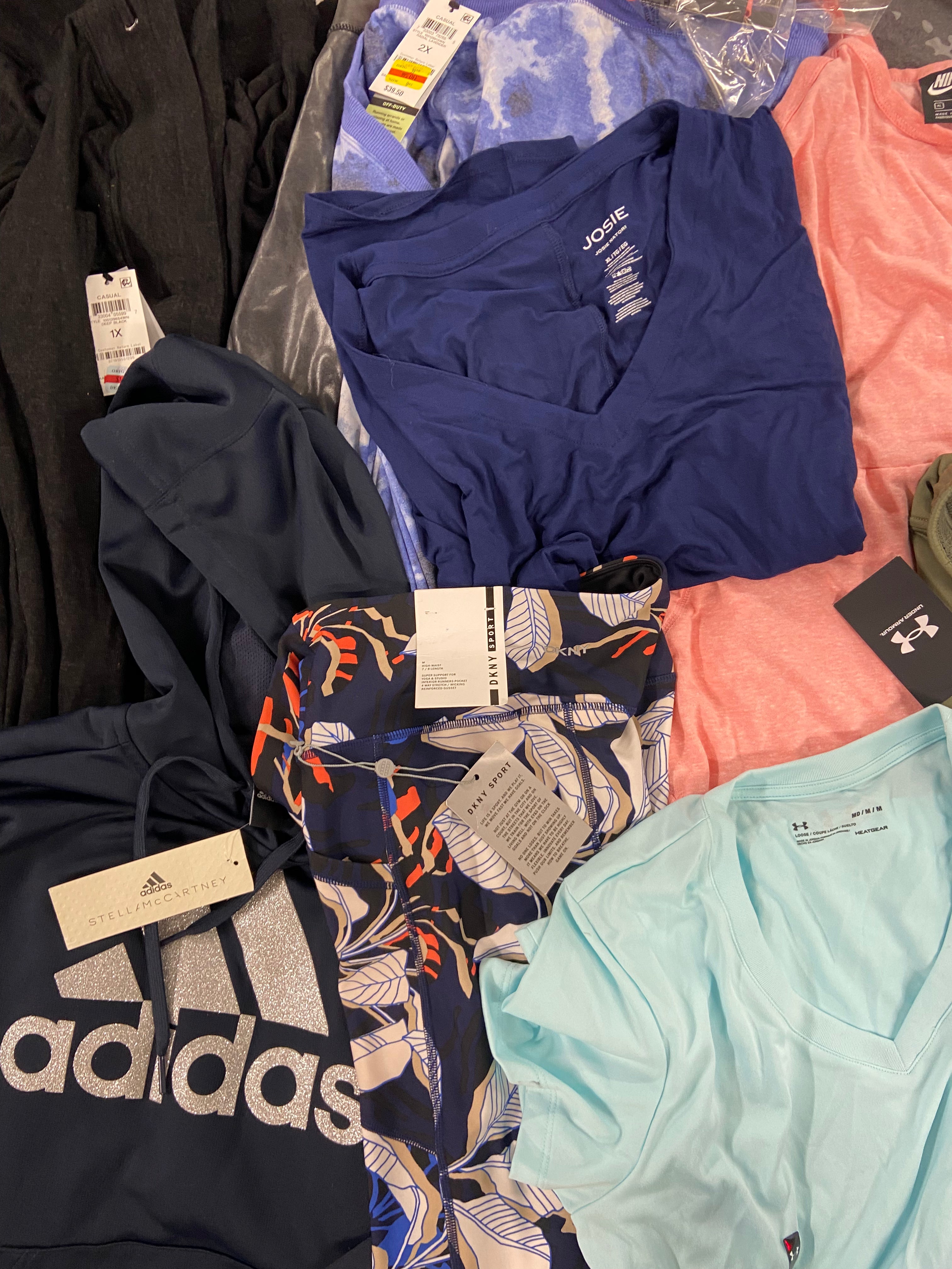 Women's Clothing Activewear Wholesale Lot, ADIDAS, DKNY, JOSIE, NIKE, SPYDER, UNDER ARMOUR and more, 22 items, Shelf Pulls, MSRP $740