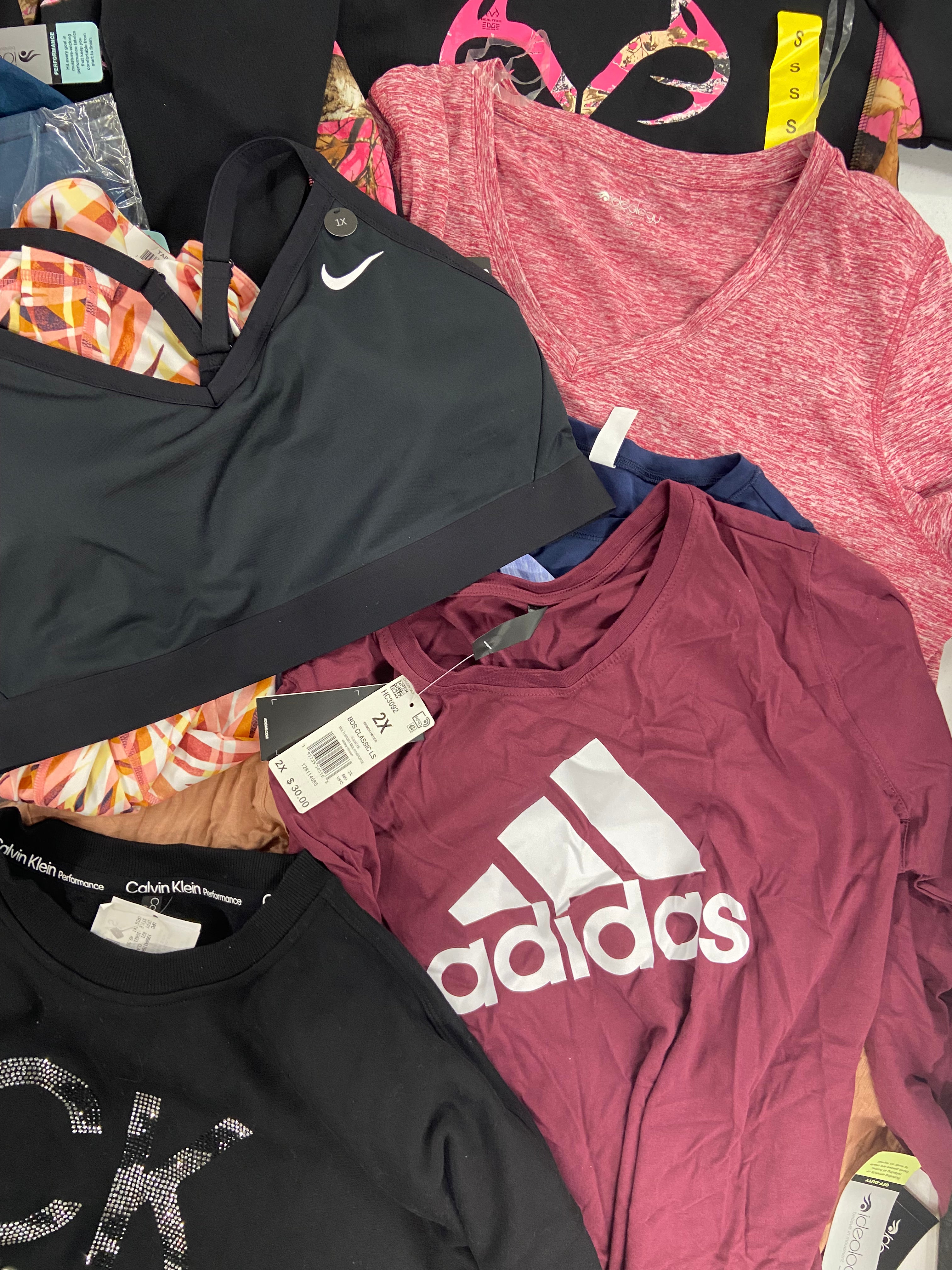 Women's Clothing Activewear Wholesale Lot, ADIDAS, CALVIN KLEIN, NIKE, IDEOLOGY and more, 21 items, Shelf Pulls, MSRP $715